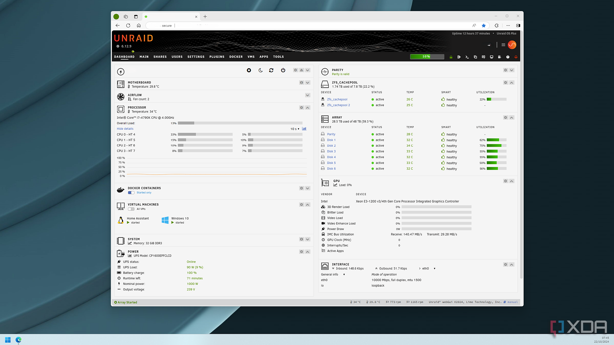 Interfaz de usuario del panel de control de Unraid en Windows 11