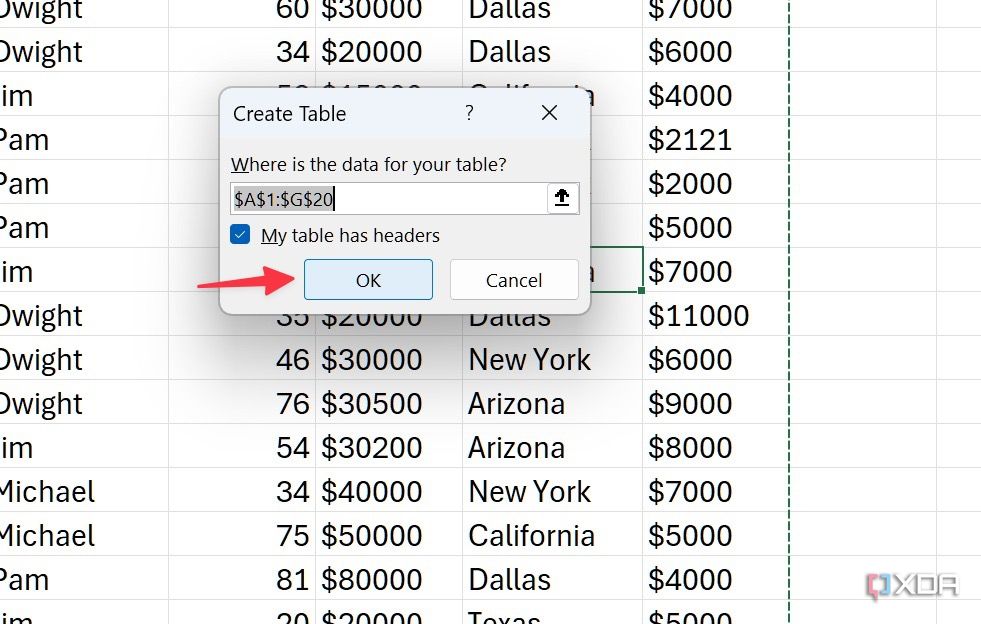 Opciones de tabla en Excel