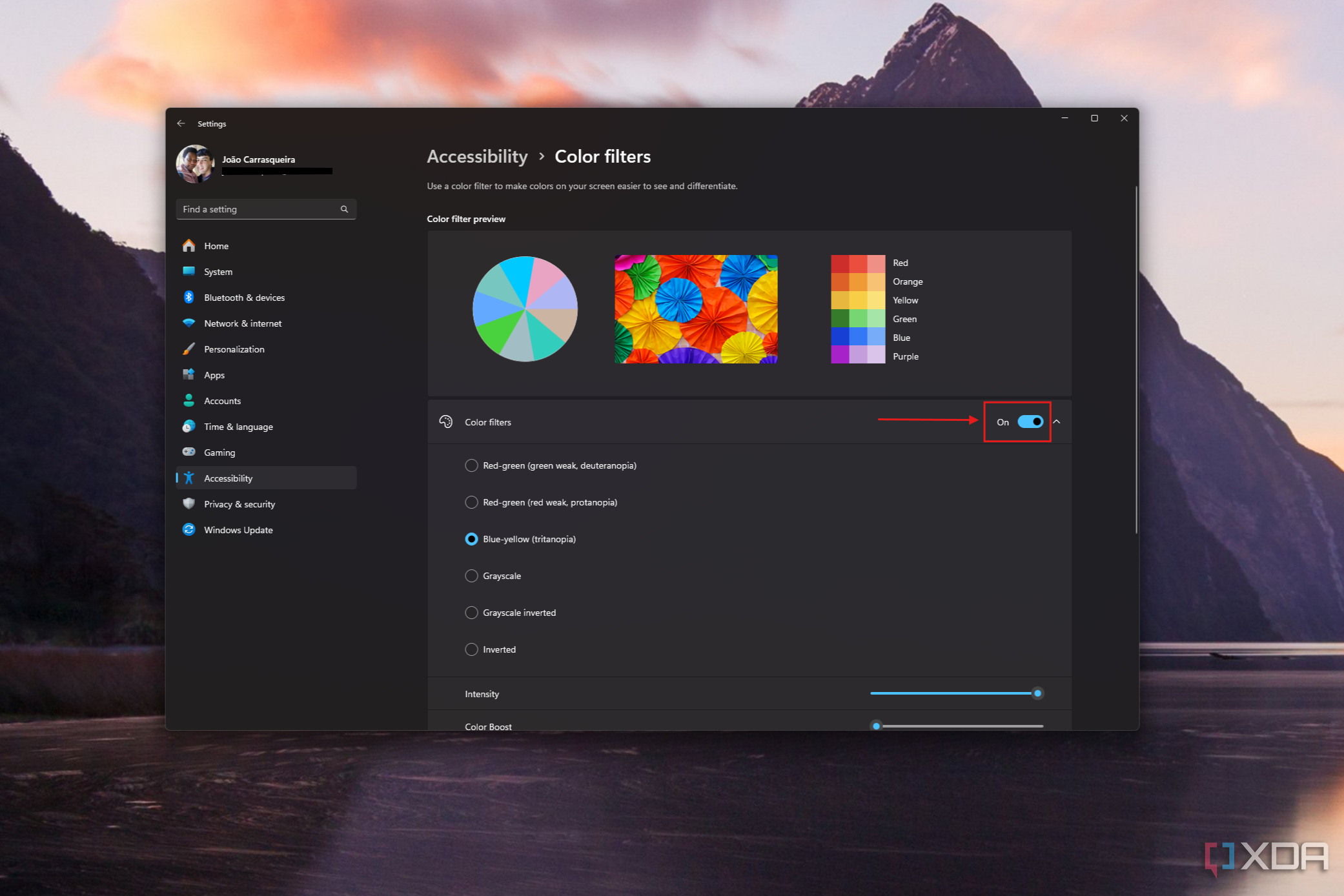 Screenshot der Farbfilterseite von Windows 11 mit aktiviertem Schalter