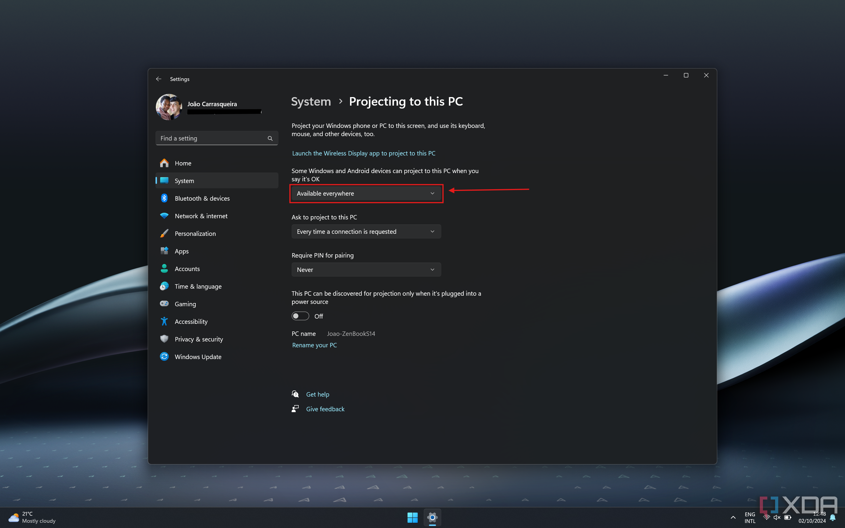 Screenshot of Windows 11 projection settings set to allow other devices to connect on any network