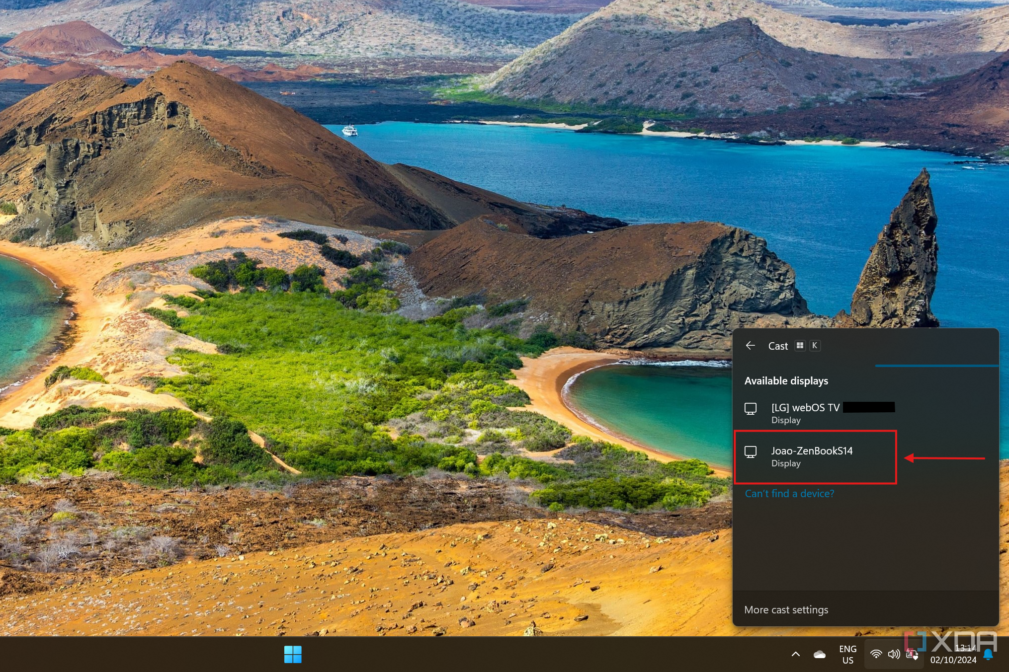 Screenshot of the Cast panel in Windows 11 showing a laptop as a connection option