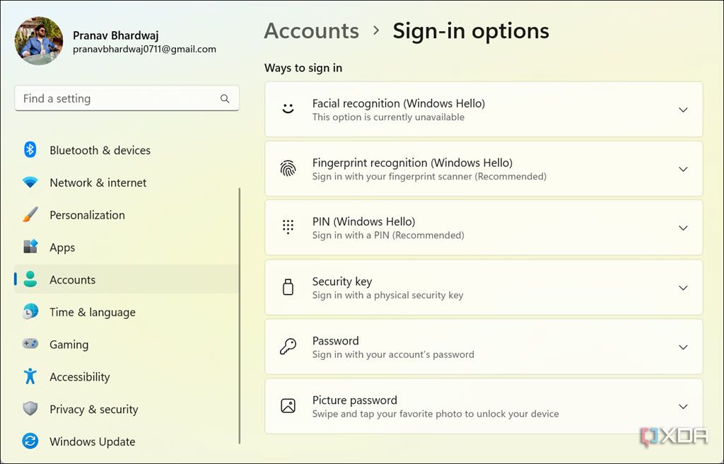 Opciones de inicio de sesión de Windows Hello