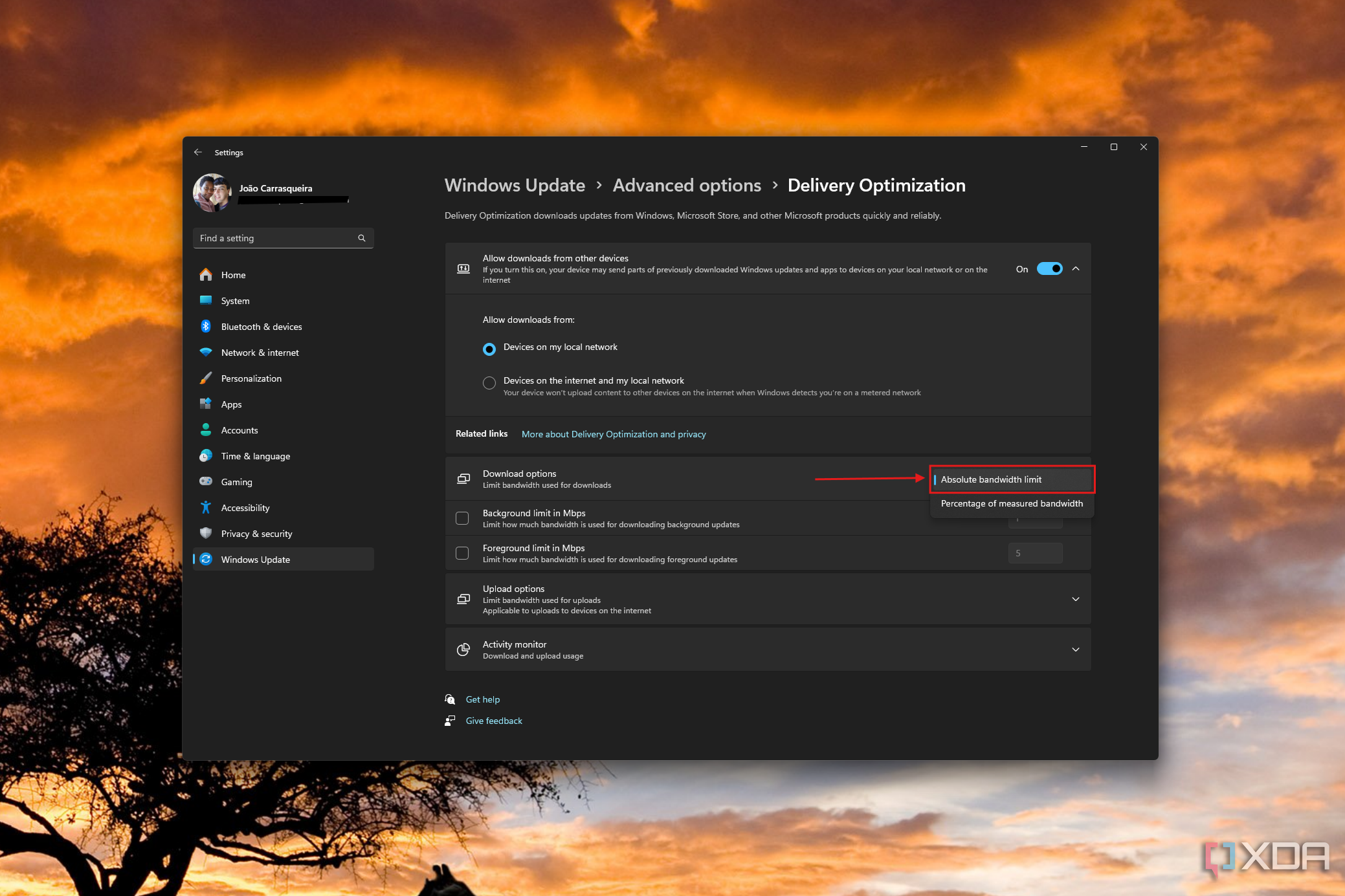 Screenshot of Delivery Optimization settings with a drop-down menu highlighting the Absolute Bandwidth Limit option