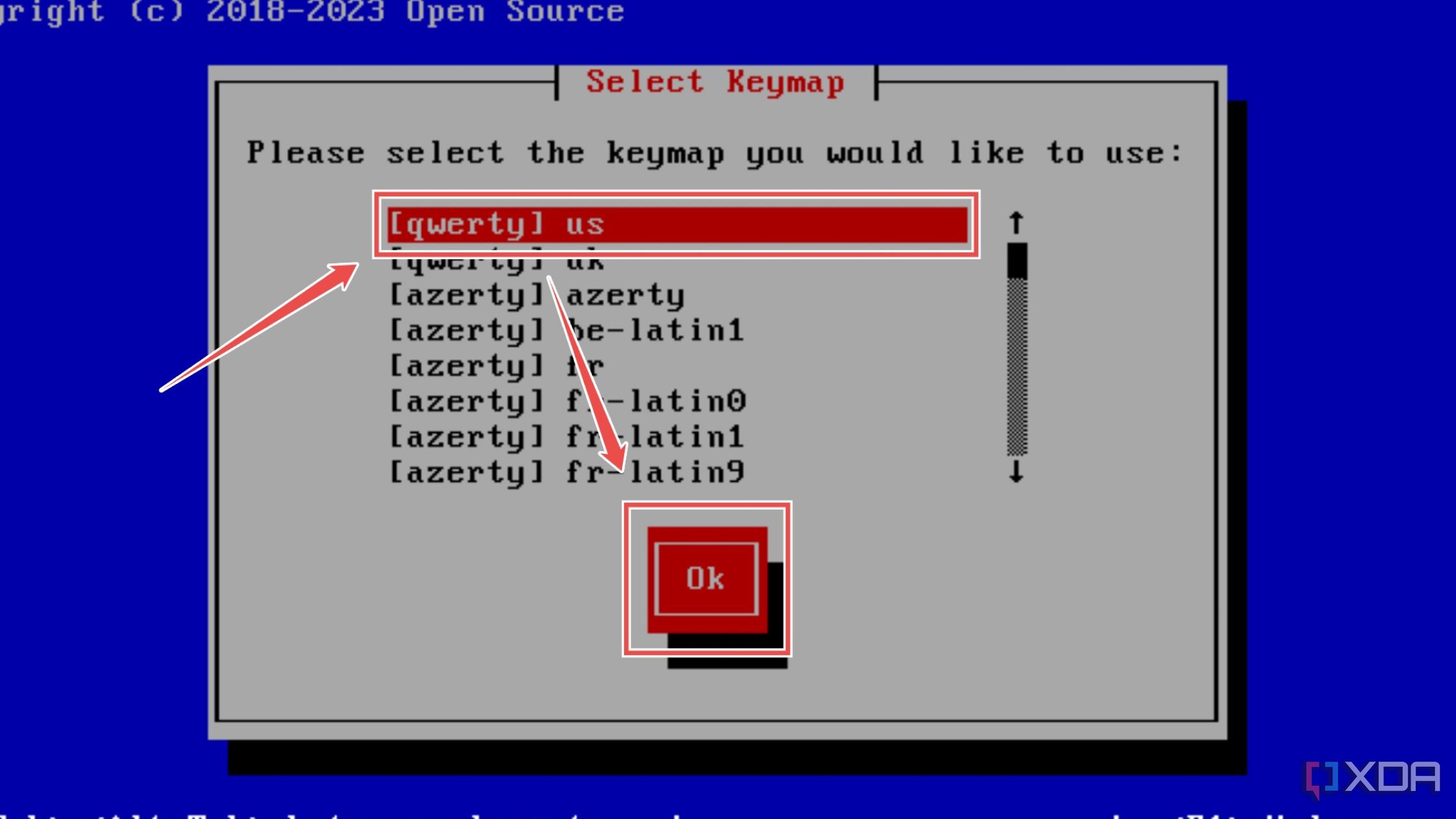Cómo elegir el mapa de teclas en el asistente de instalación de XCP-ng