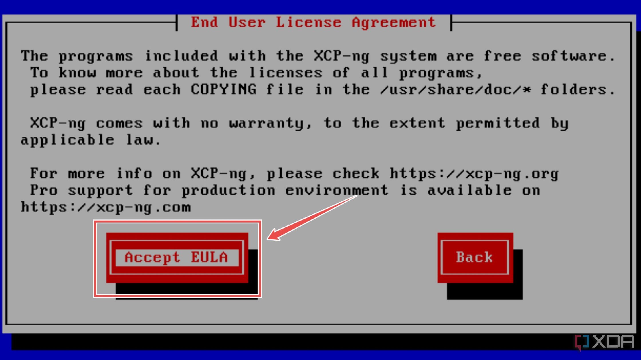 Aceptación del EULA en el asistente de instalación de XCP-ng