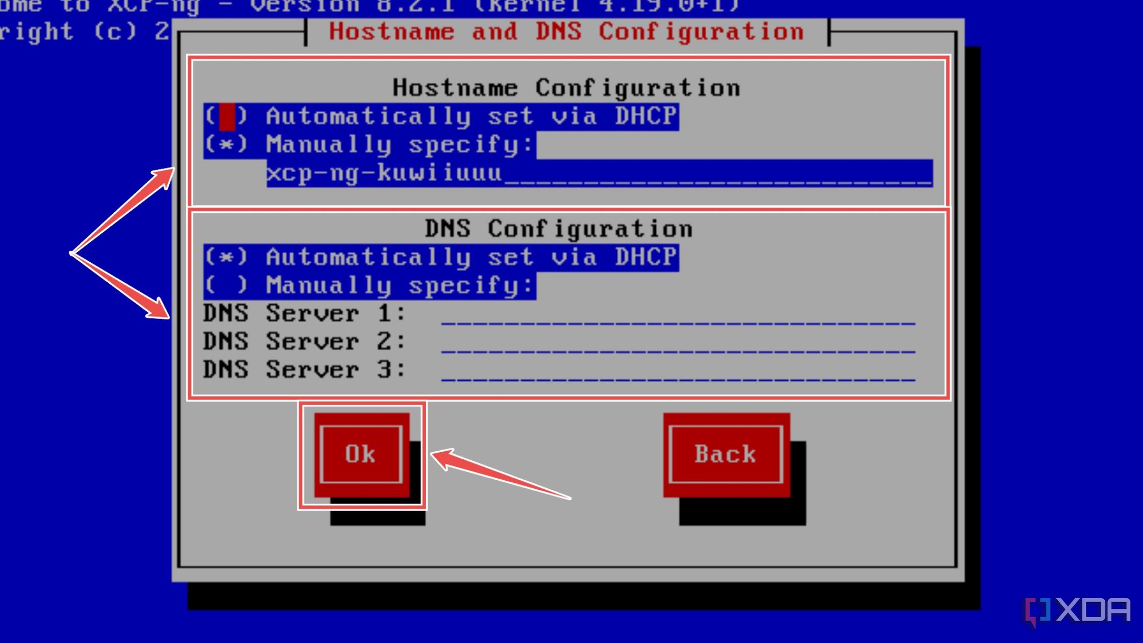 Configuración del nombre de host y la configuración DNS en el asistente de instalación de XCP-ng