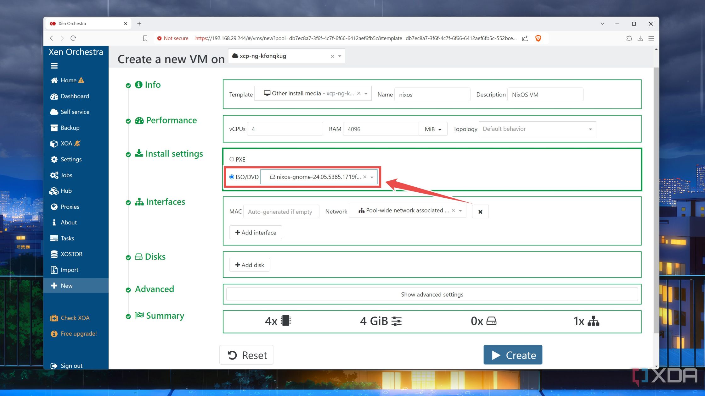 Cómo elegir el archivo ISO para una máquina virtual en la interfaz web de XCP-ng