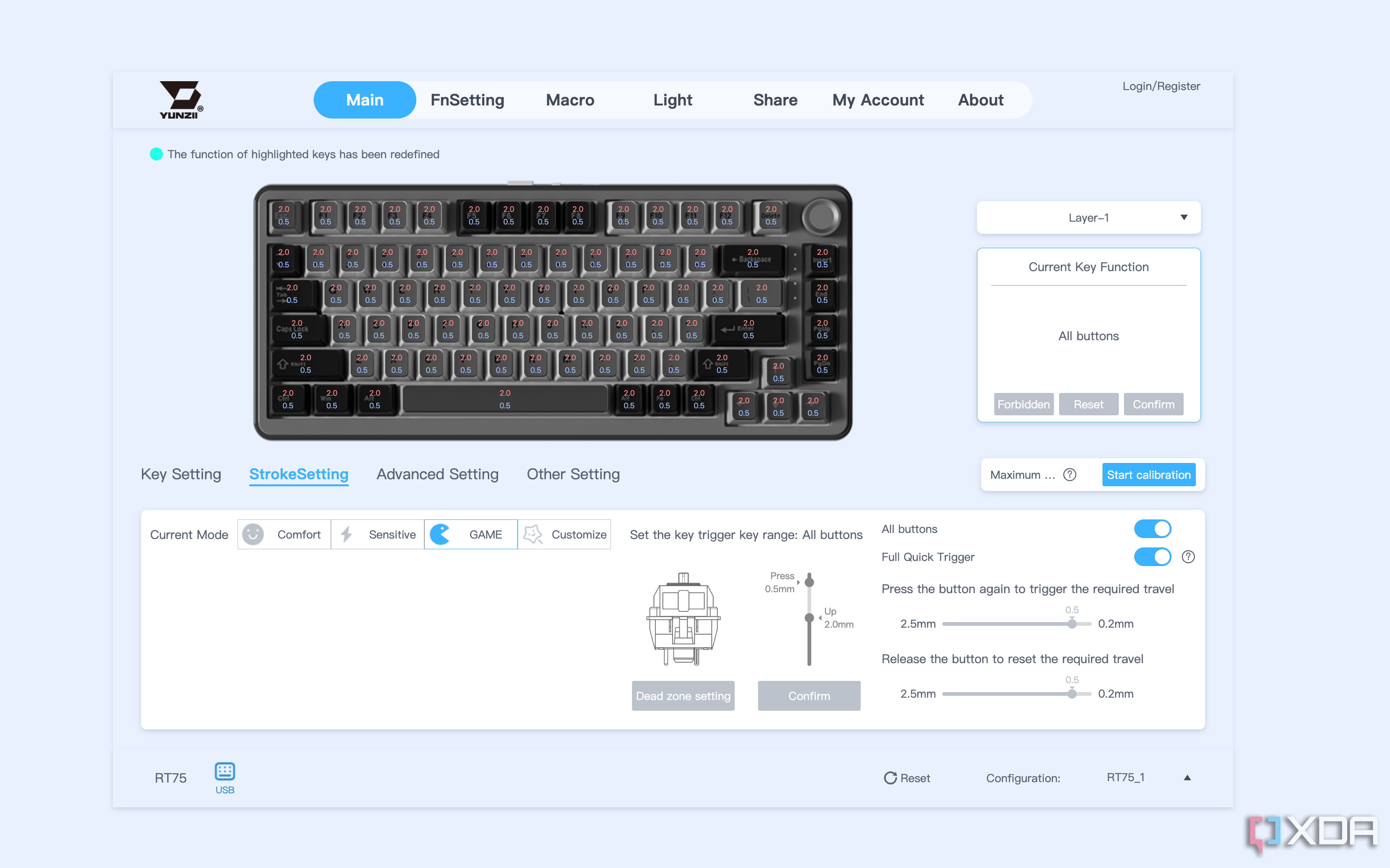 Una captura de pantalla del portal web de Yunzii que muestra la configuración del trazo.