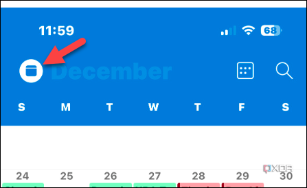 Captura de pantalla del botón Calendario en la aplicación móvil Outlook en su dispositivo iPhone o Android