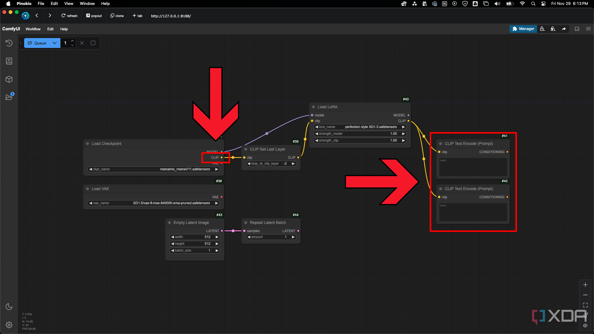 Conecte las salidas CLIP a las entradas de clip en los nodos ComfyUI