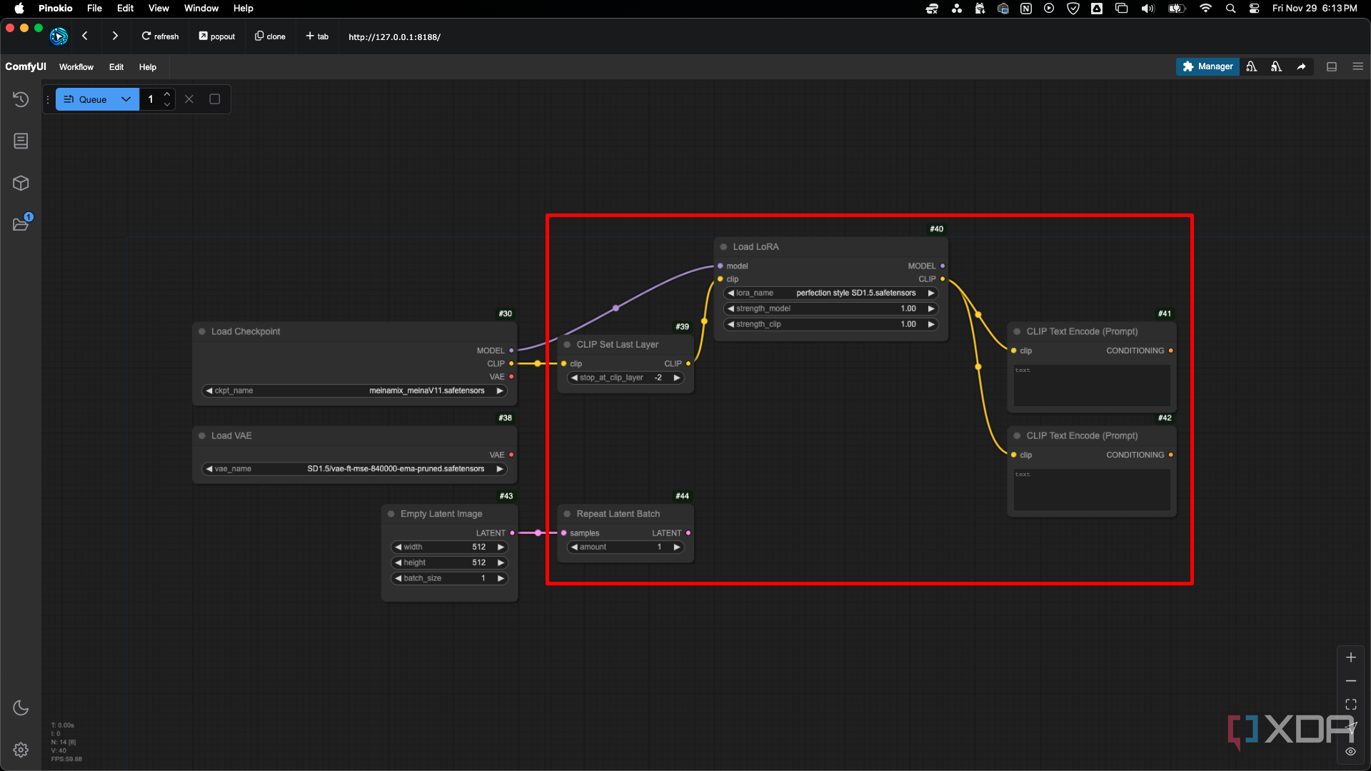 Agregue los nodos CLIP Set Last Later, Repeat Latent Batch, Load LoRA y dos nodos CLIP Text Encode (Prompt) en ComfyUI