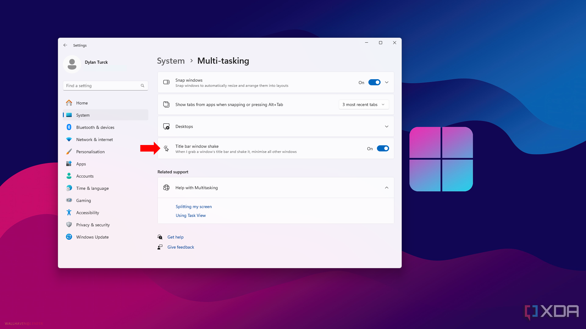 Pestaña Multitarea en el menú Configuración