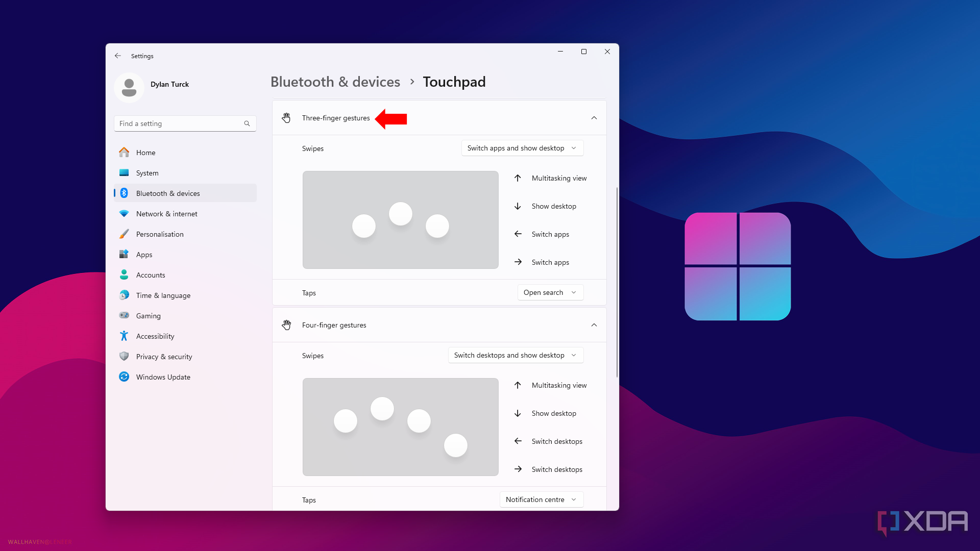 Configuración del panel táctil de tres dedos