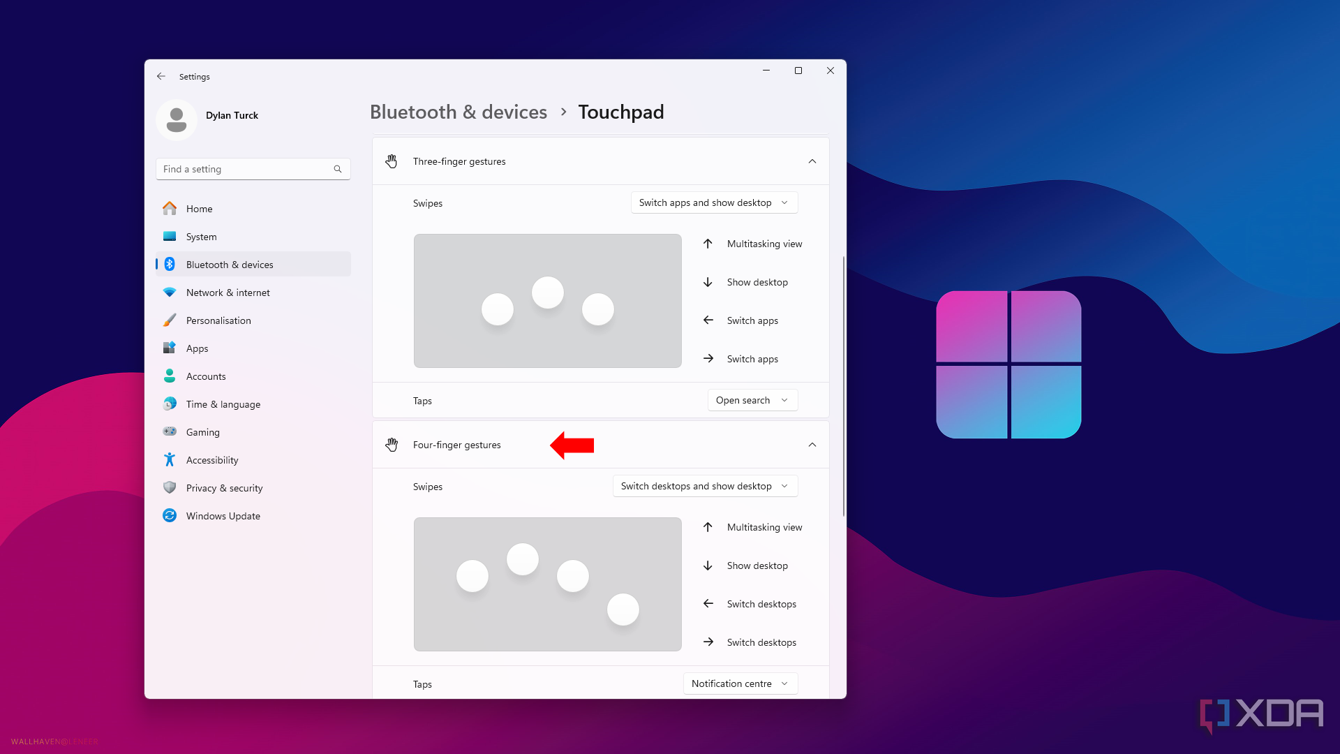 Configuración del panel táctil de cuatro dedos