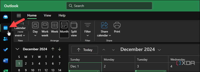 Captura de pantalla de la elección del botón Calendario en la aplicación Outlook