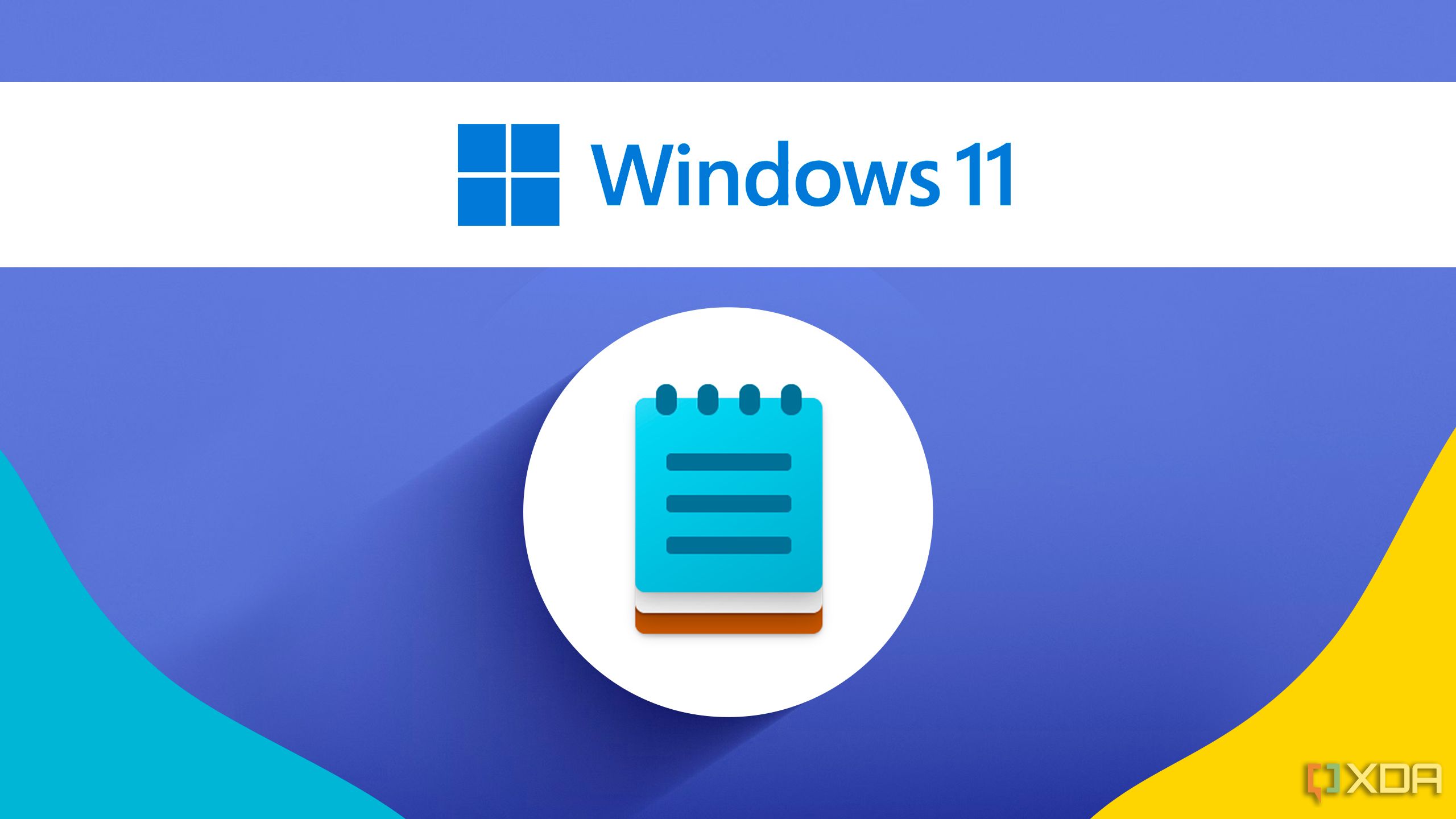 Un logotipo de Windows 11 con el icono del Bloc de notas debajo