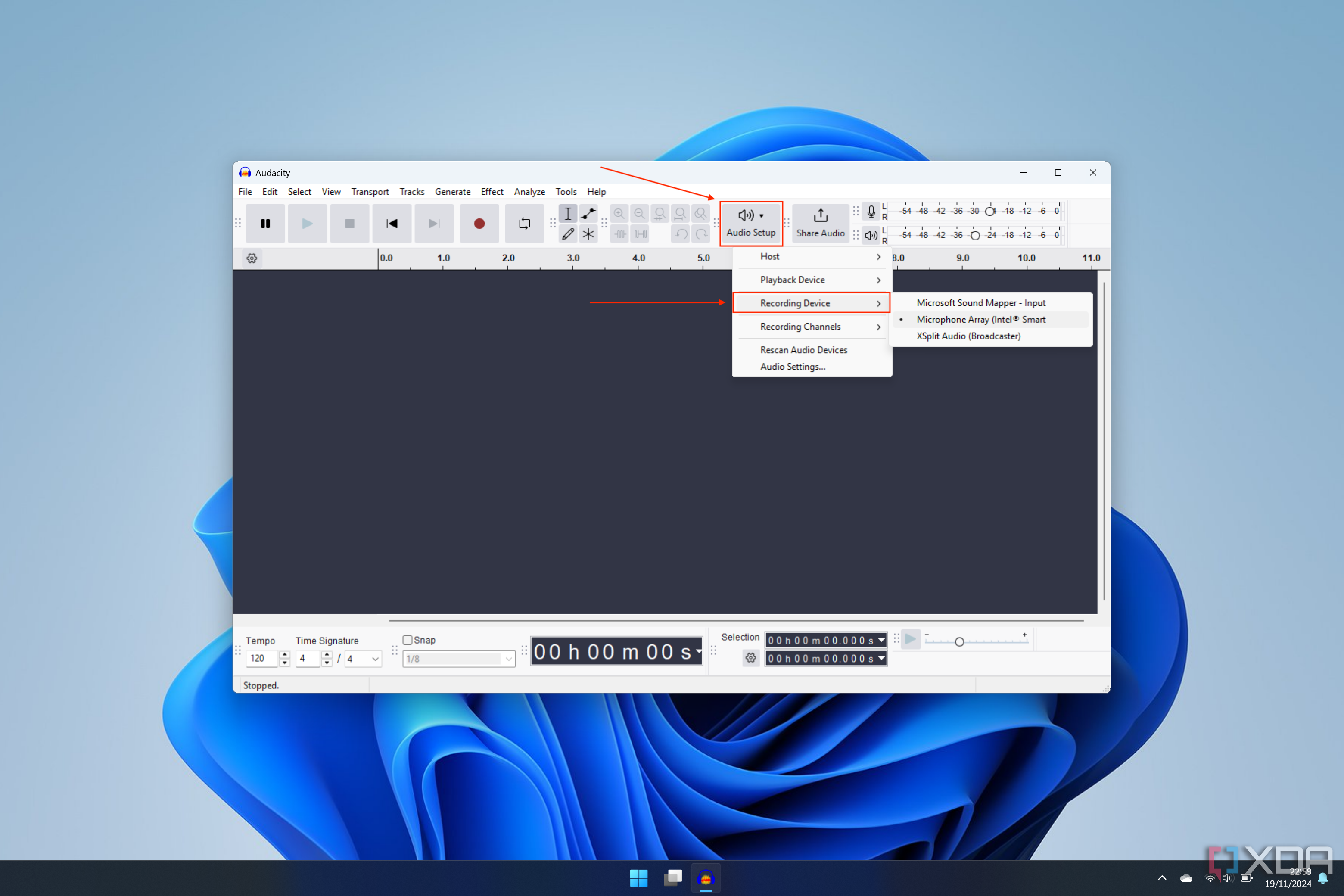 Captura de pantalla de Audacity que muestra el menú del dispositivo de grabación