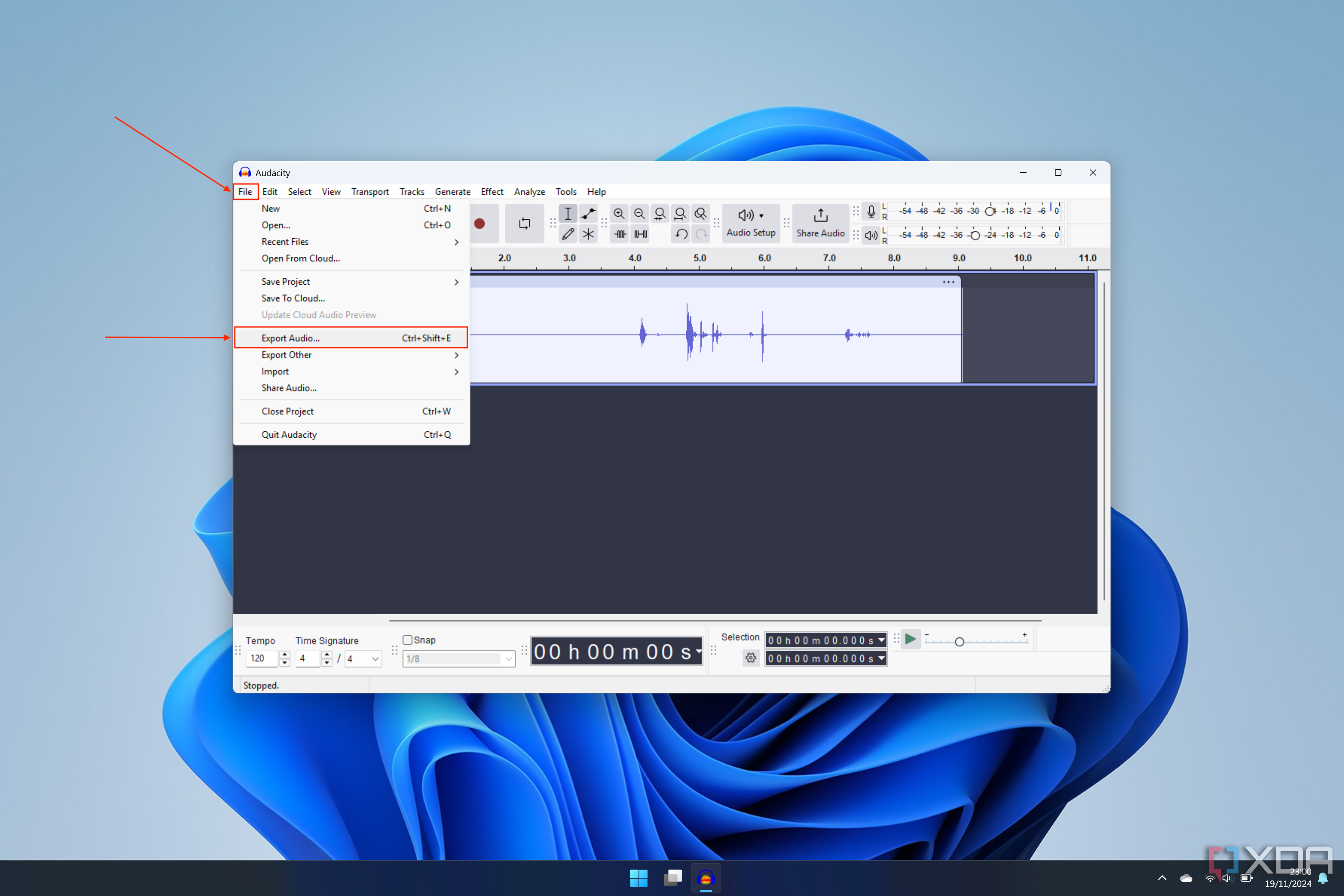 Captura de pantalla de Audacity que muestra la opción para exportar un archivo de audio