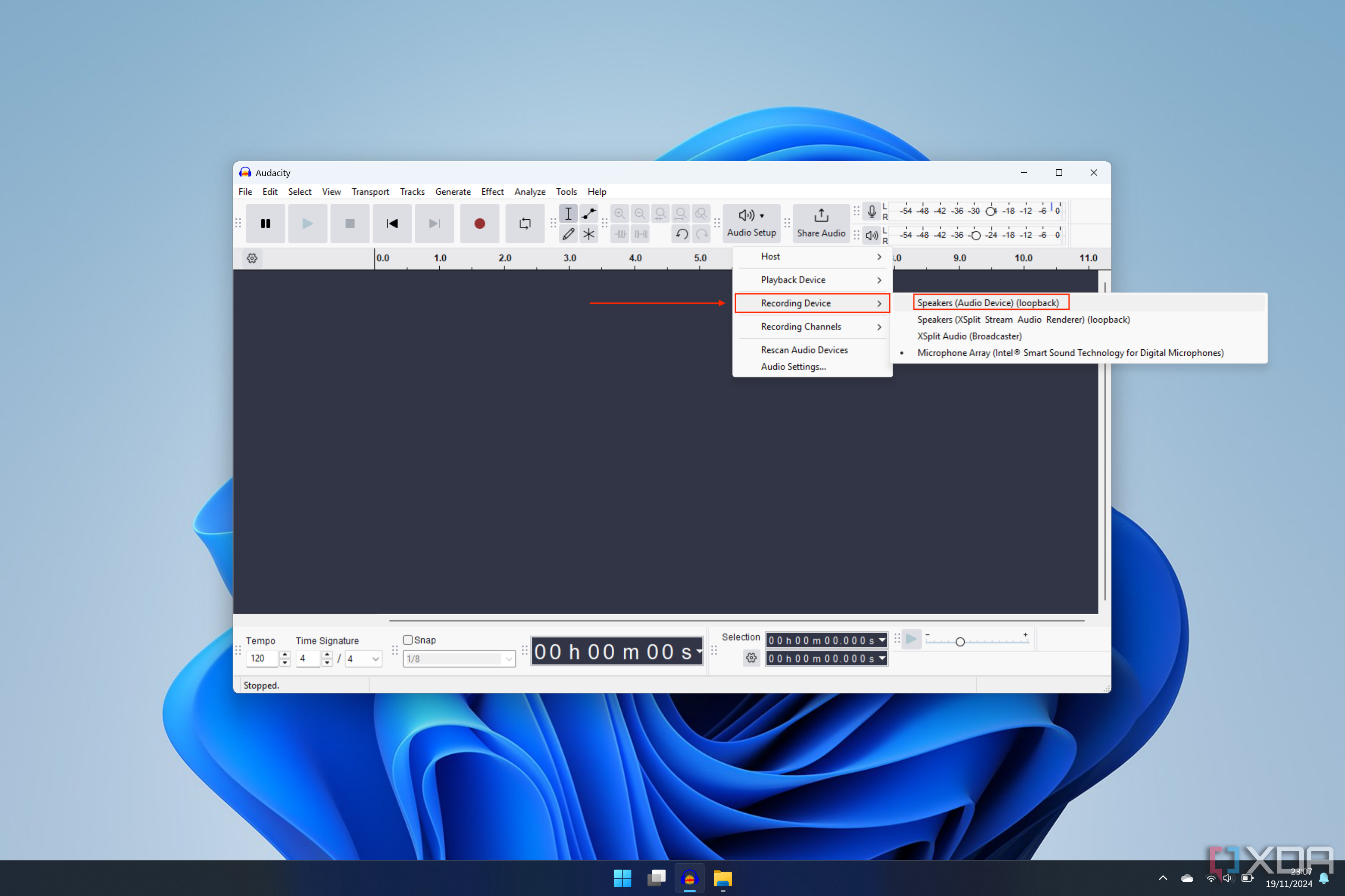 Captura de pantalla de Audacity que muestra cómo configurar el dispositivo de grabación correcto para capturar audio de PC