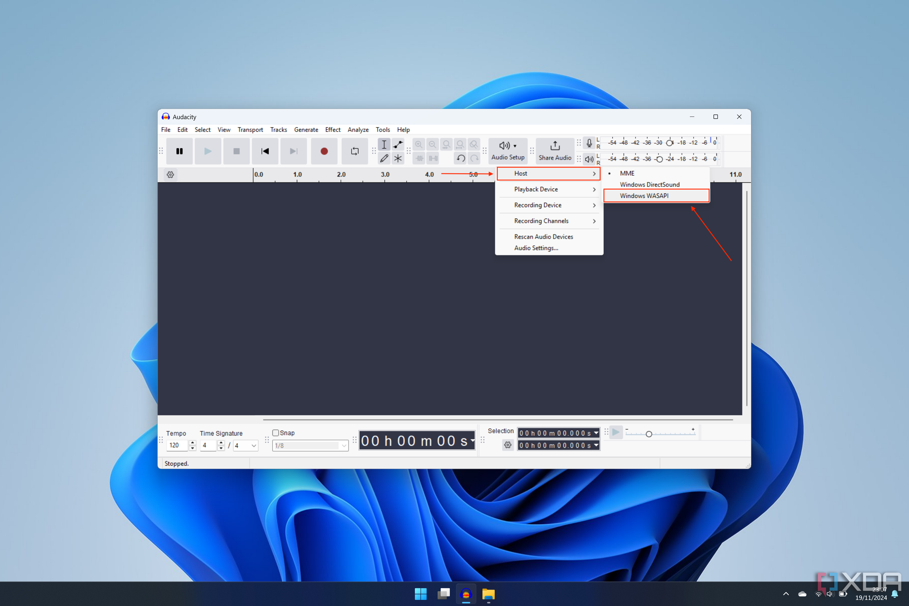 Captura de pantalla de Audacity que muestra cómo configurar el host WASAPI de Windows