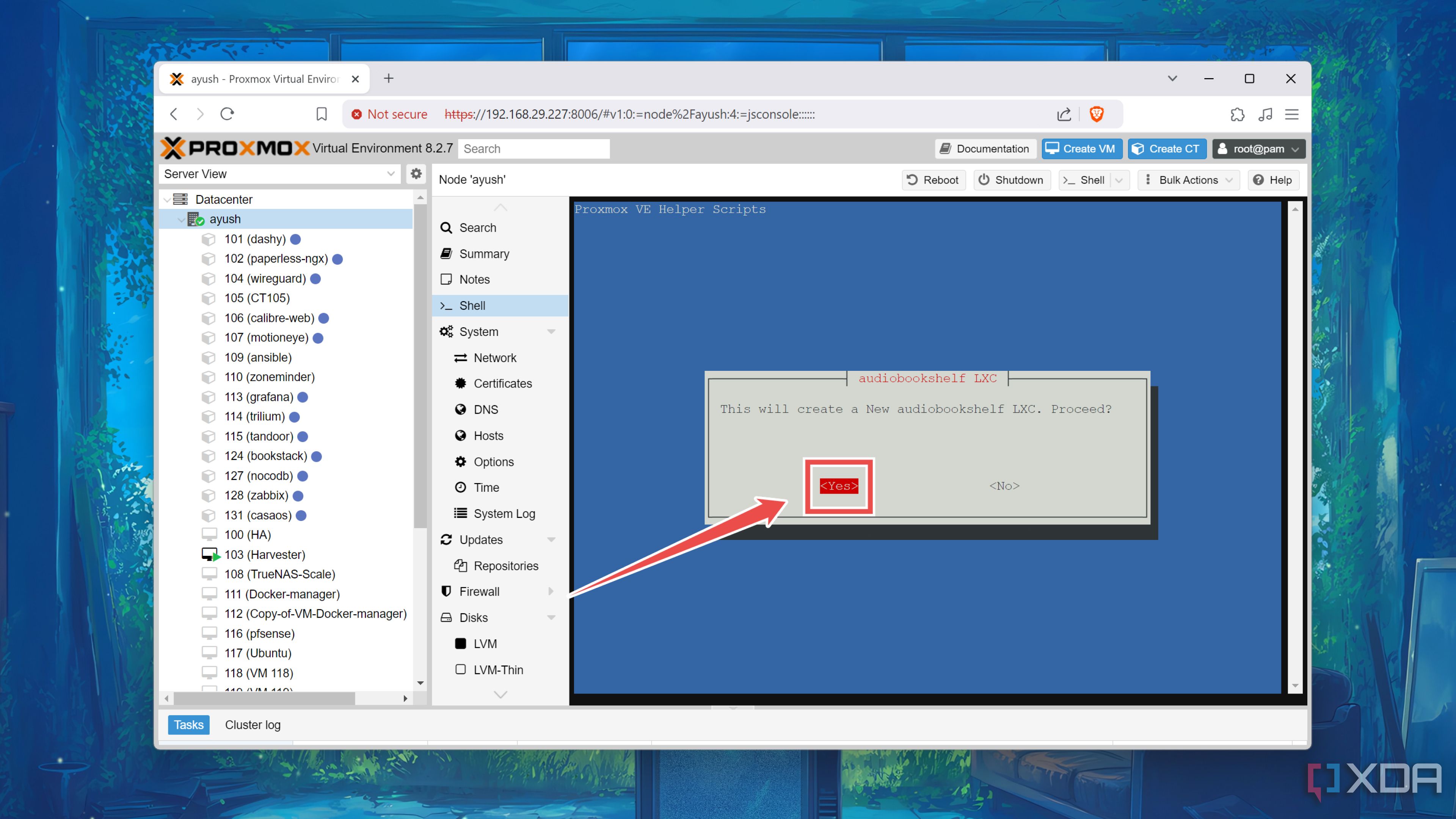 Tapping the Yes button in the Proxmox web UI