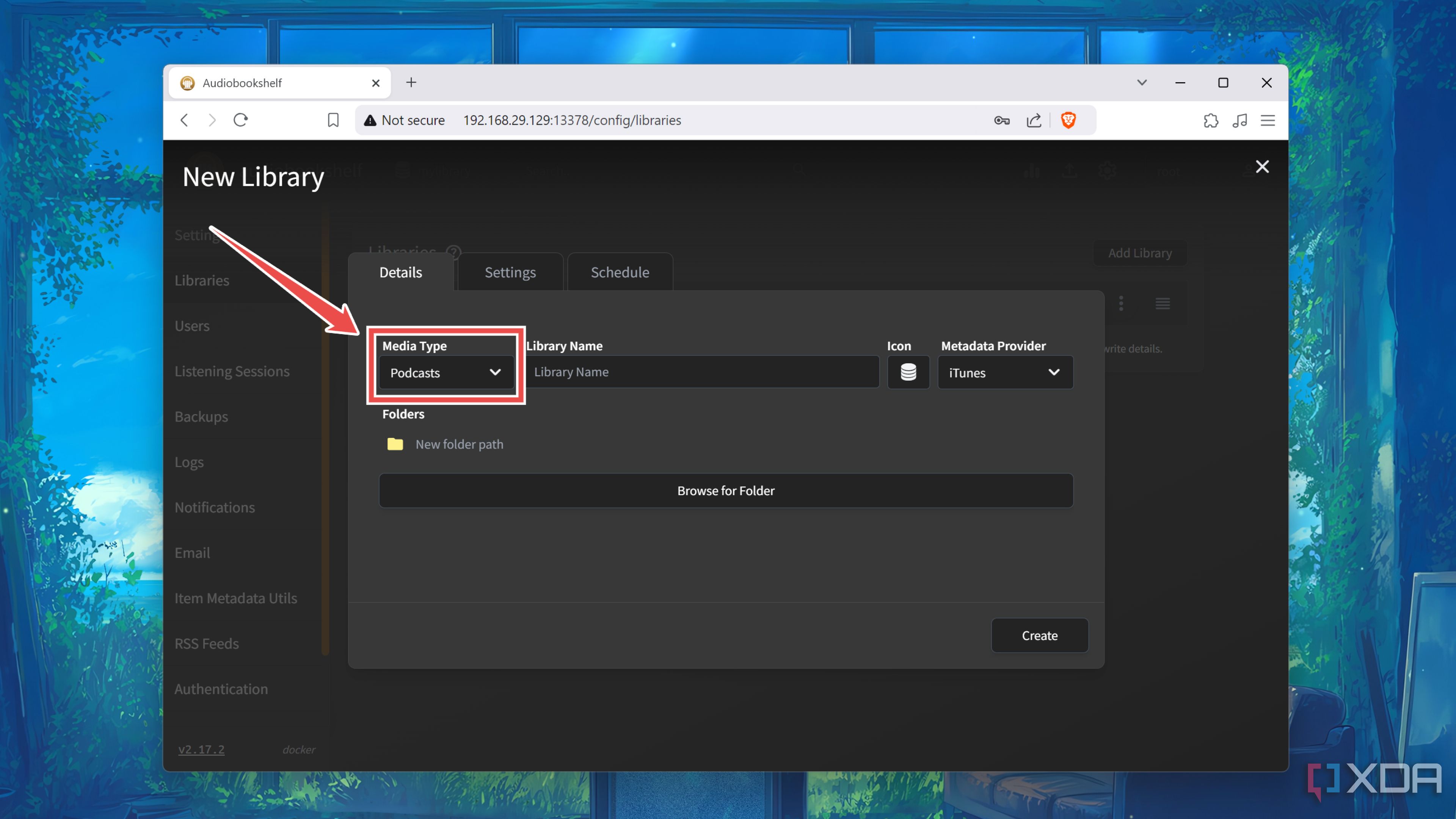 Creating a Podcast library in the Audiobookshelf web UI