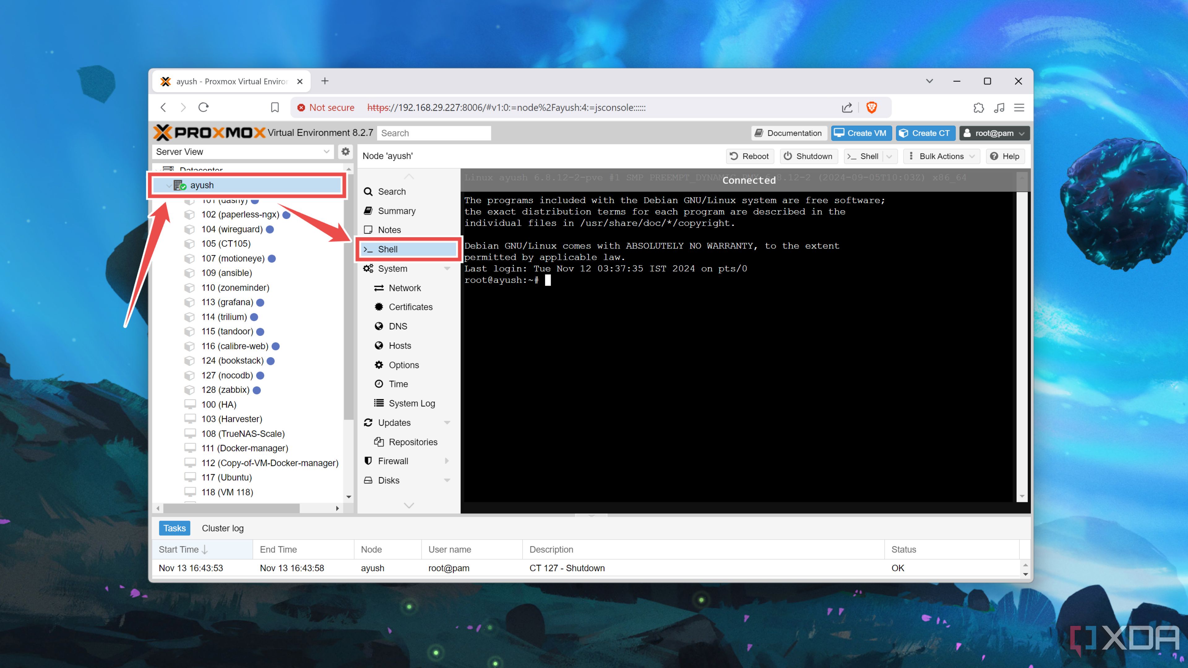 Cambiar a la pestaña Shell de Proxmox