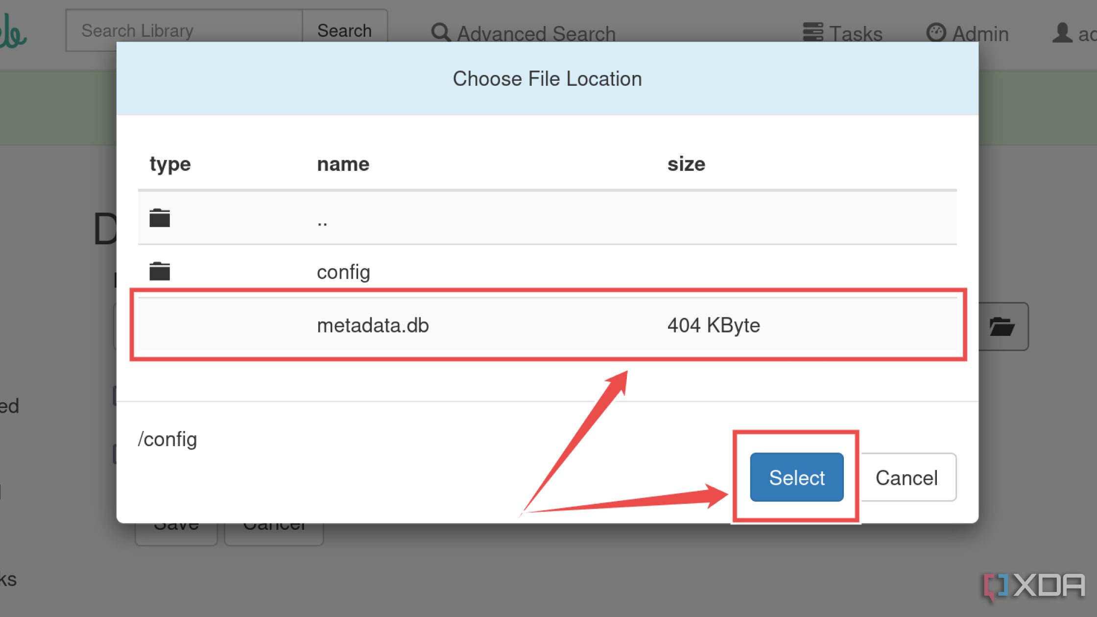 Cómo seleccionar el archivo metadata.db en la interfaz web de Calibre