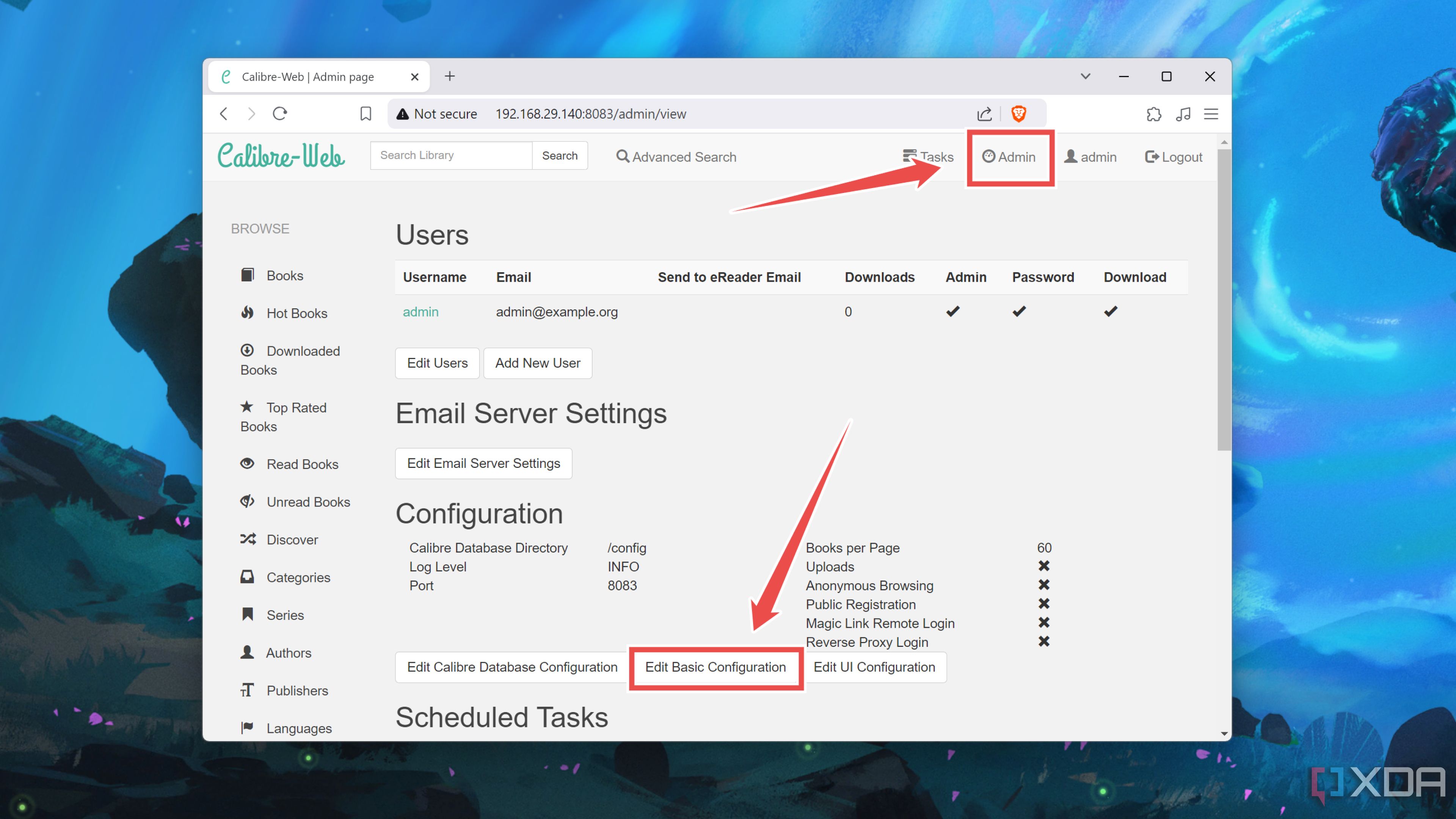 Cómo ingresar los ajustes de configuración básica en la interfaz web de Calibre