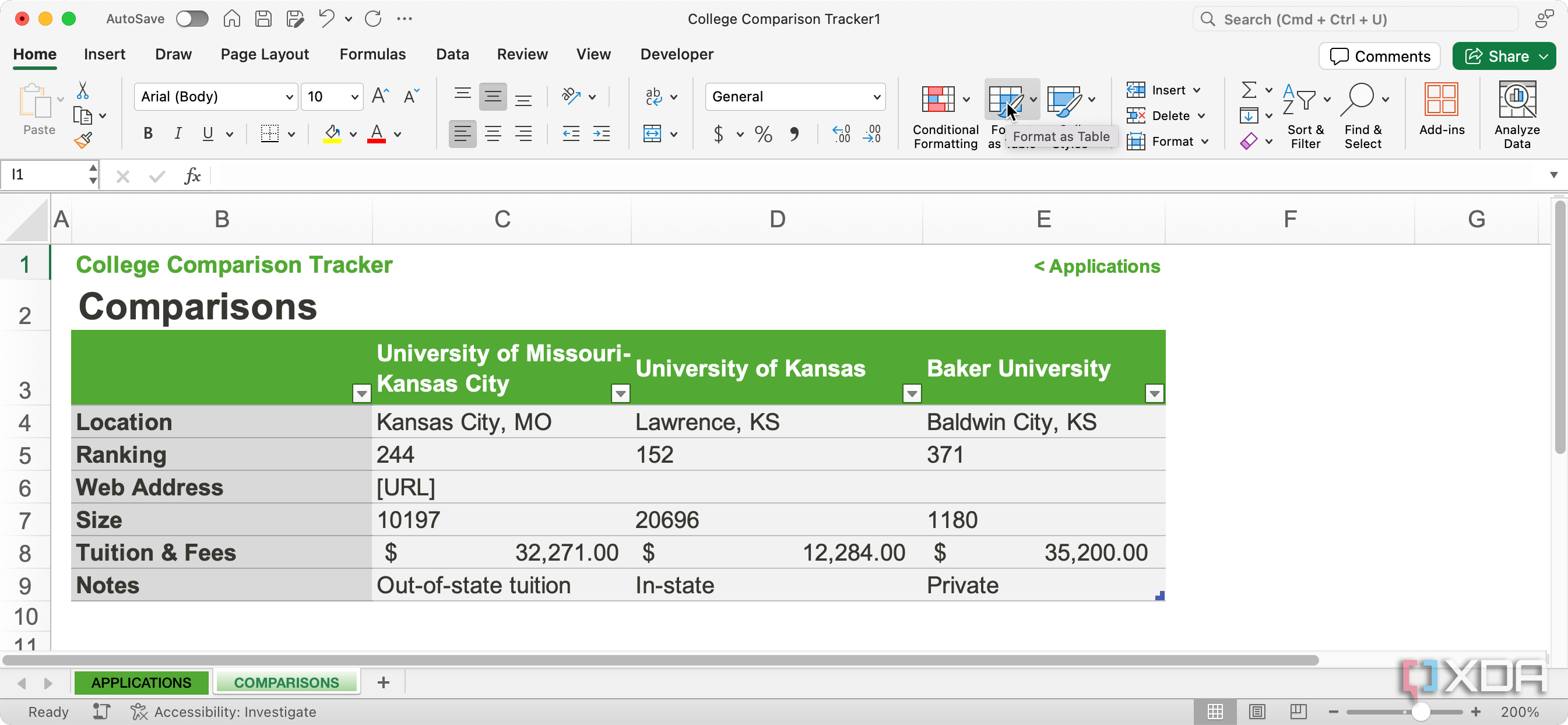 College comparison in Excel