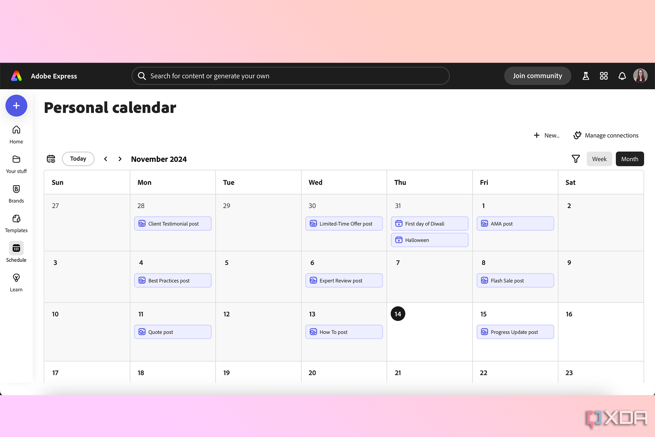 Calendario de contenidos de Adobe Express