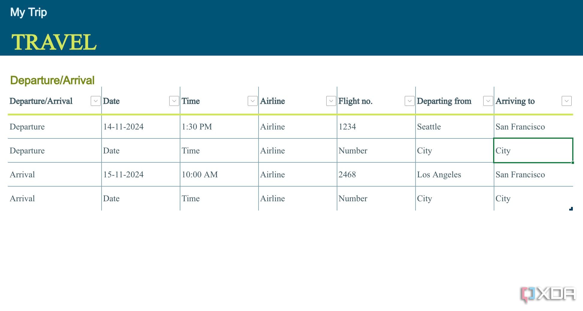 crear itinerario de viaje en Excel