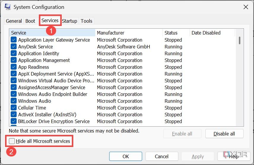 Opción Ocultar todos los servicios de Microsoft