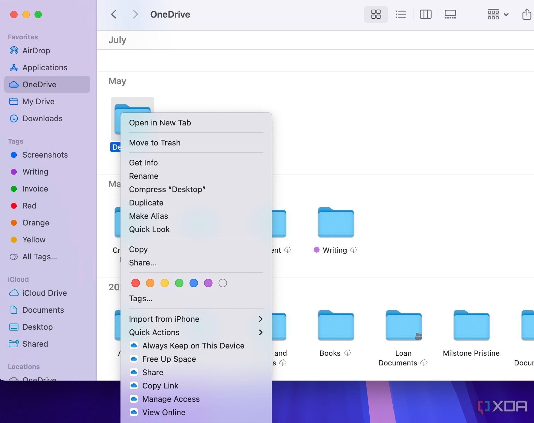 Opciones de OneDrive en Finder