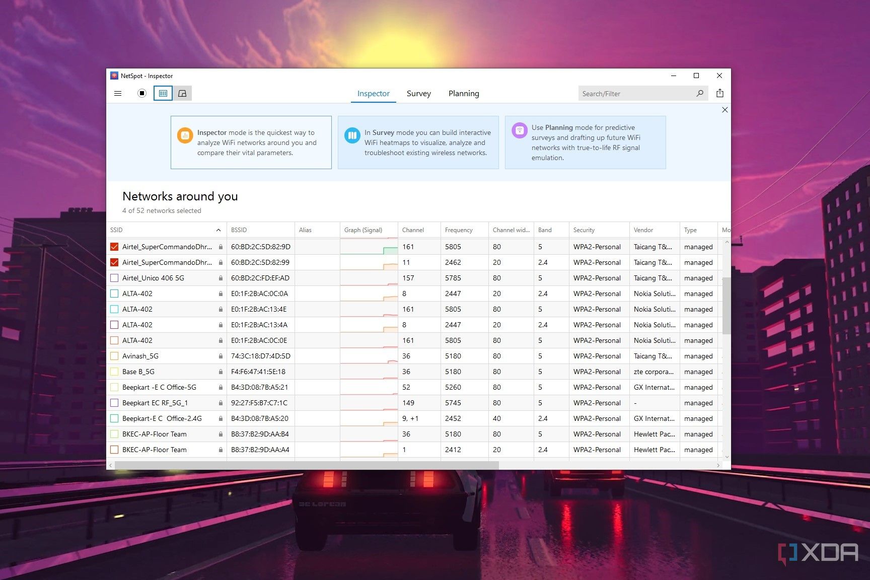 Captura de pantalla de NetSpot que muestra todas las conexiones Wi-Fi cercanas