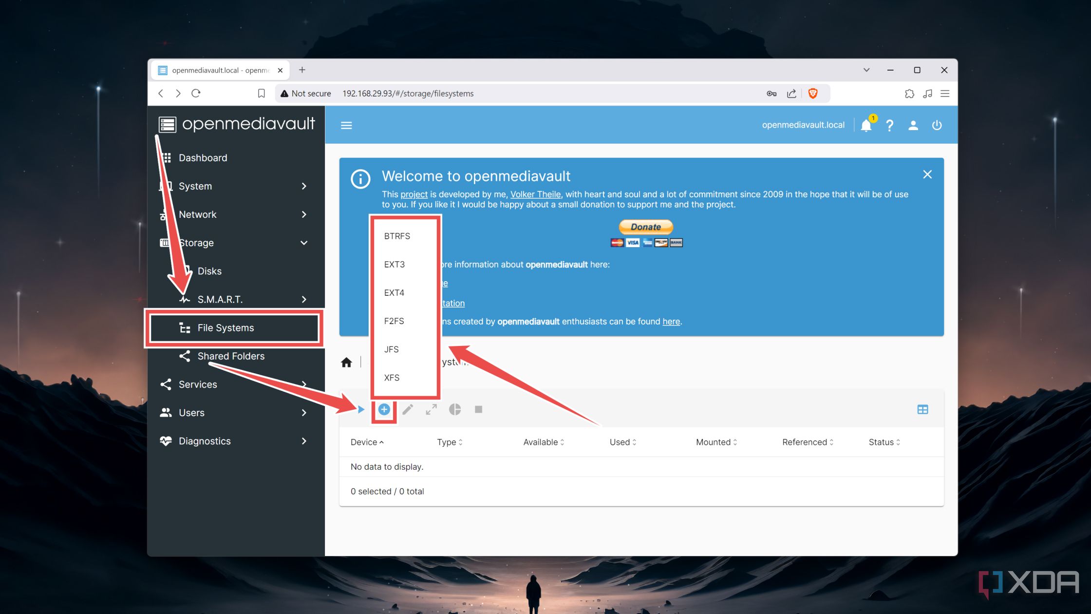 Cómo elegir el sistema de archivos en la interfaz web de OpenMediaVault
