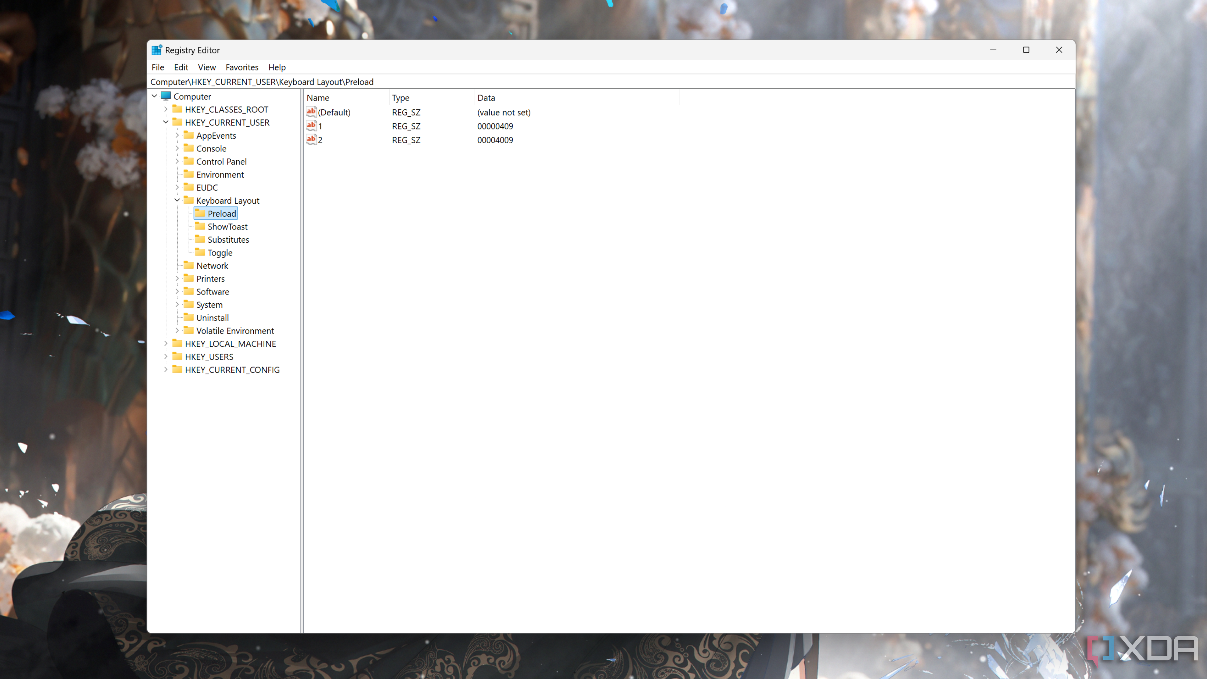 The Registry Editor on Windows 11