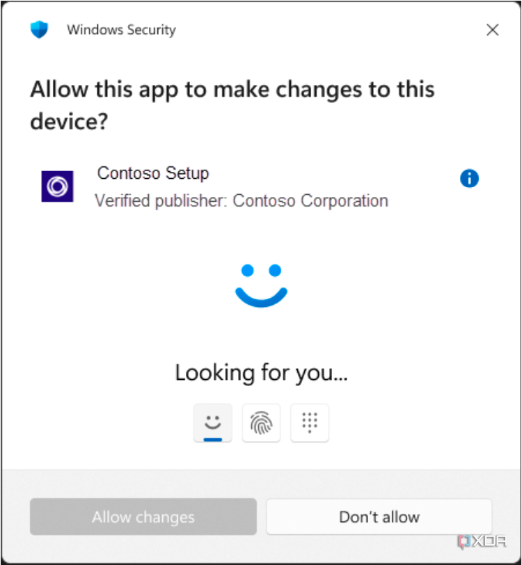 Captura de pantalla de un mensaje de Windows Hello que se muestra para tareas que requieren permisos de administrador