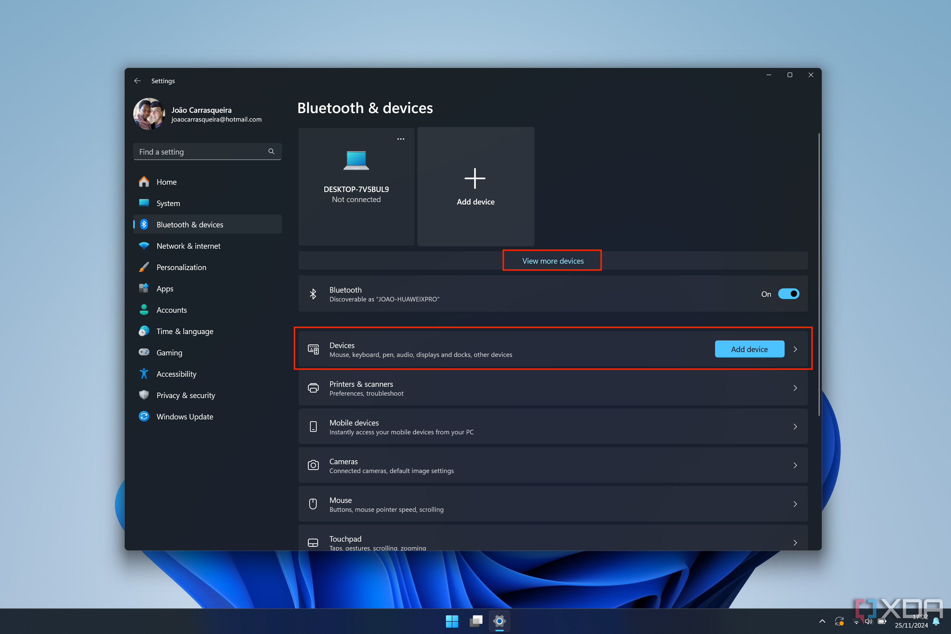 Screenshot of Windows 11 Bluetooth and device settings with the Devices button highlighted