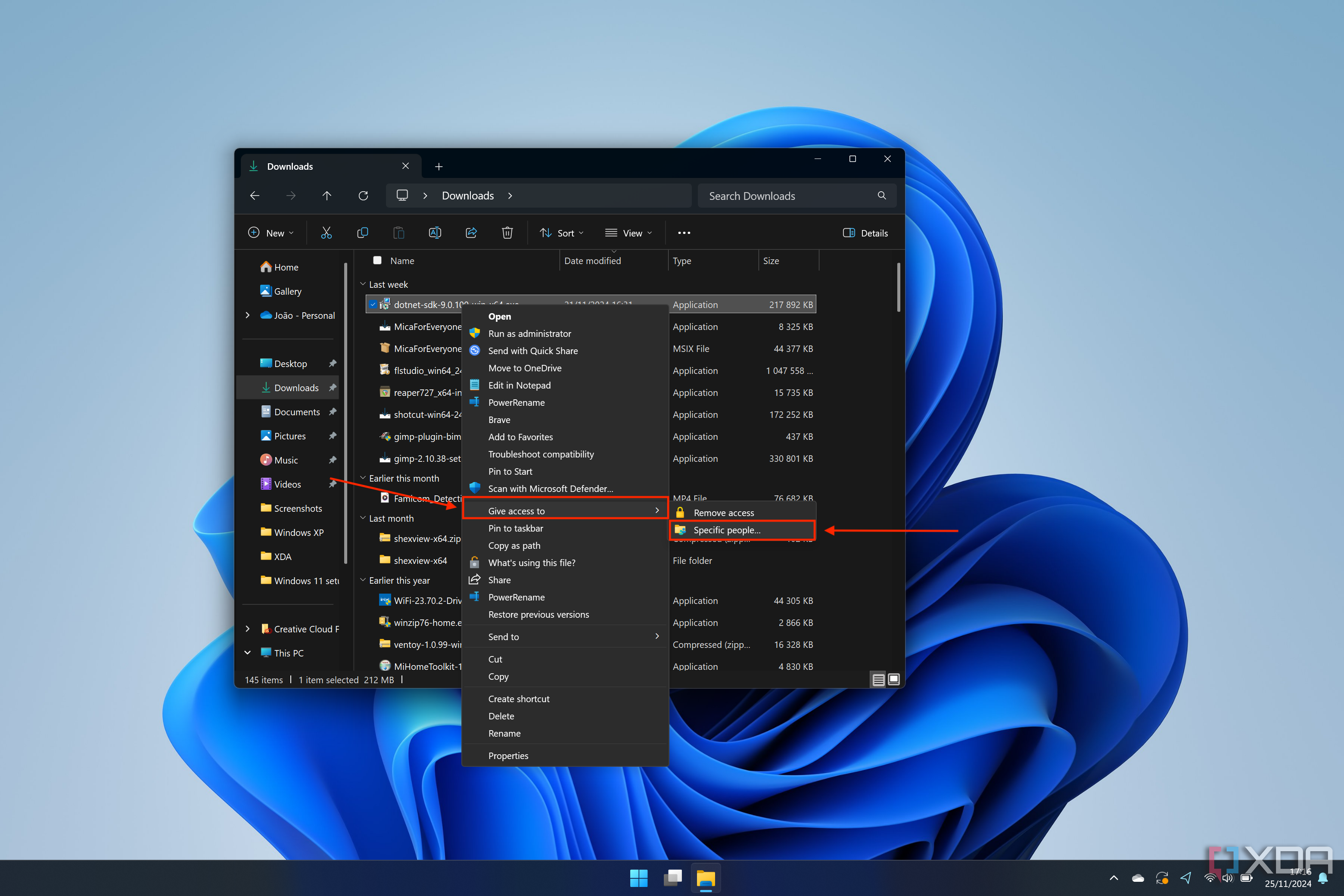 Screenshot of Windows 11 File Explorer showing the option to give other users access to a file