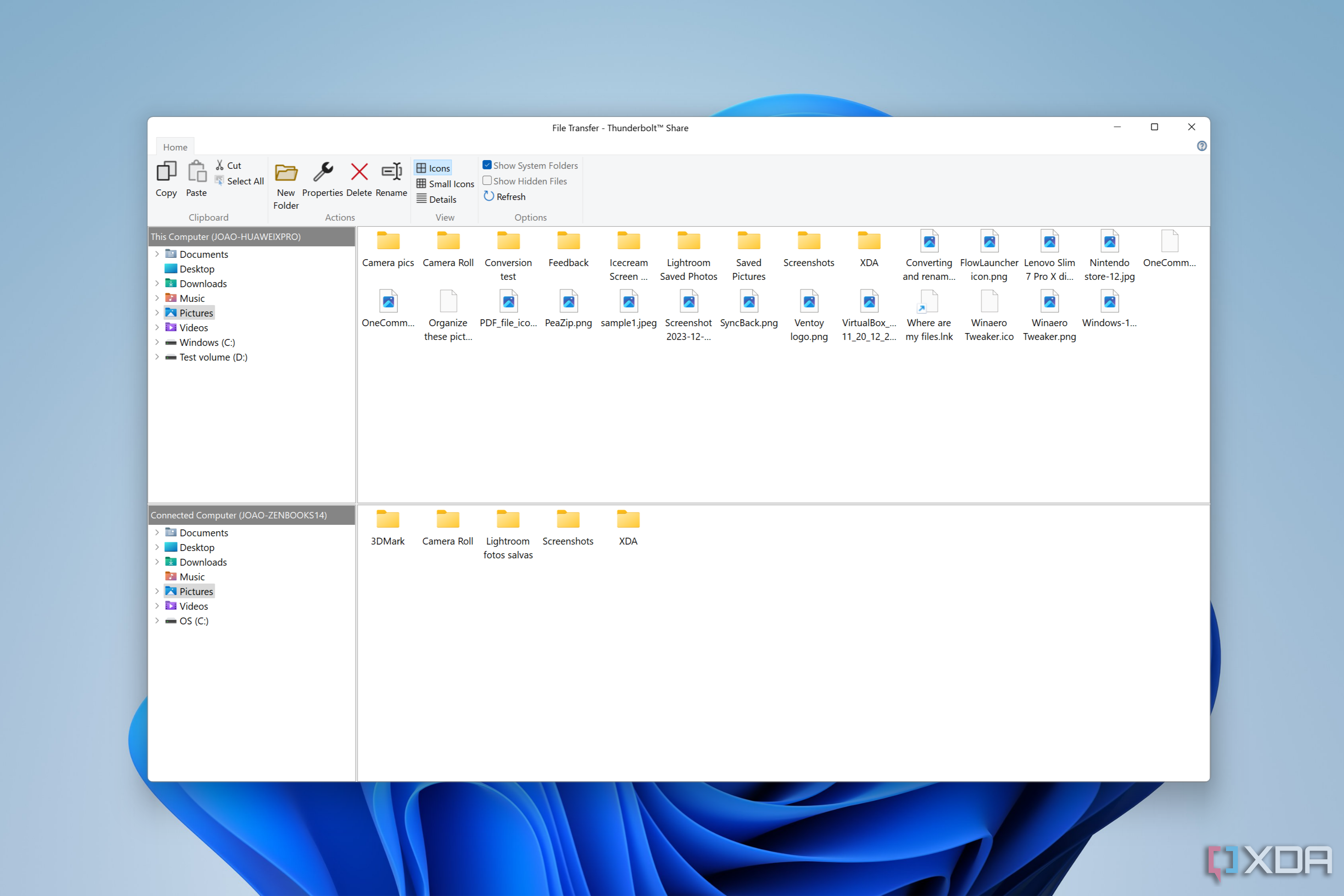 Screenshot of the file transfer window in Thunderbolt Share allowing users to move files between two PCs