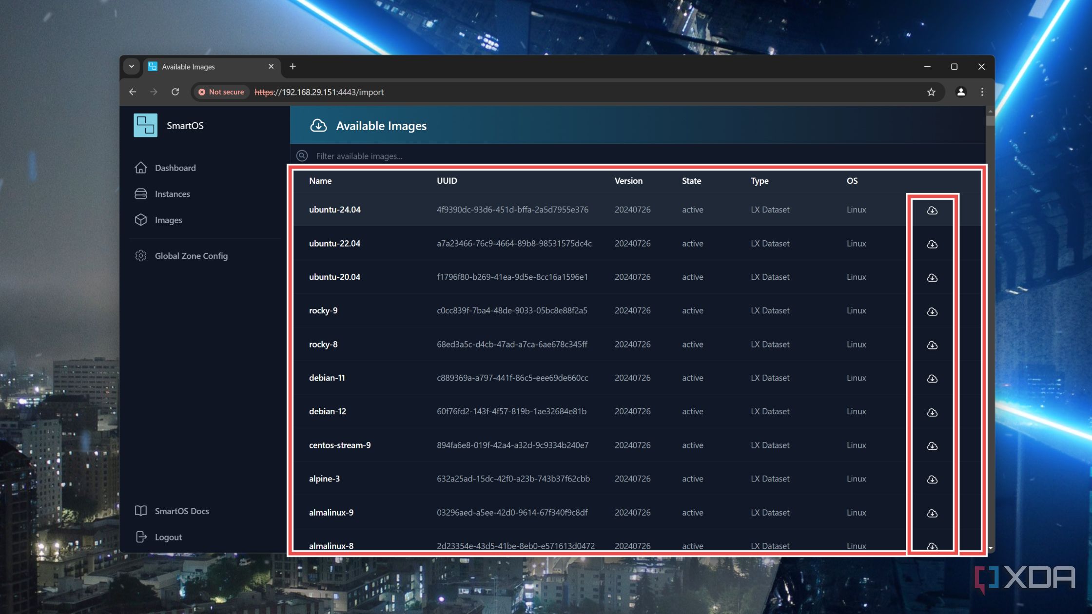 A list of Images in the SmartOS web UI