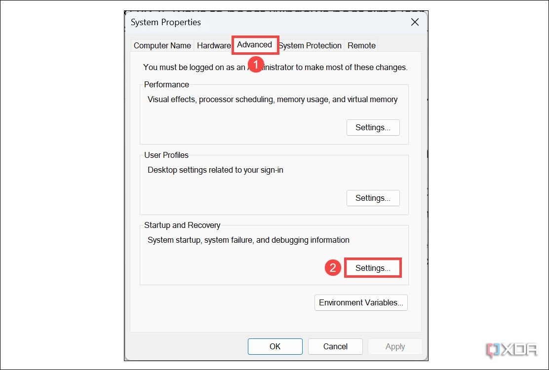 Configuración de inicio y recuperación en Propiedades del sistema