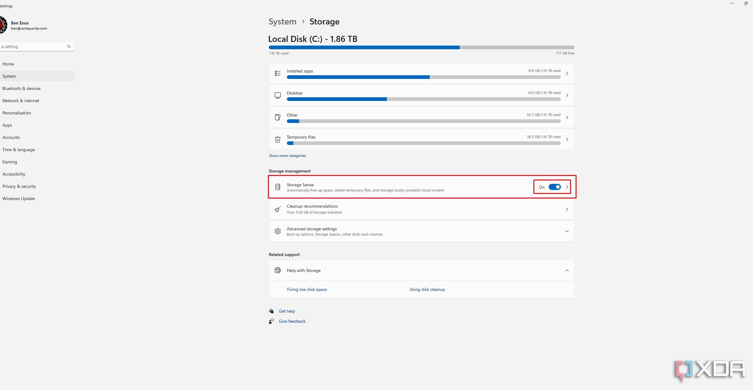 El sensor de almacenamiento está activado en la configuración