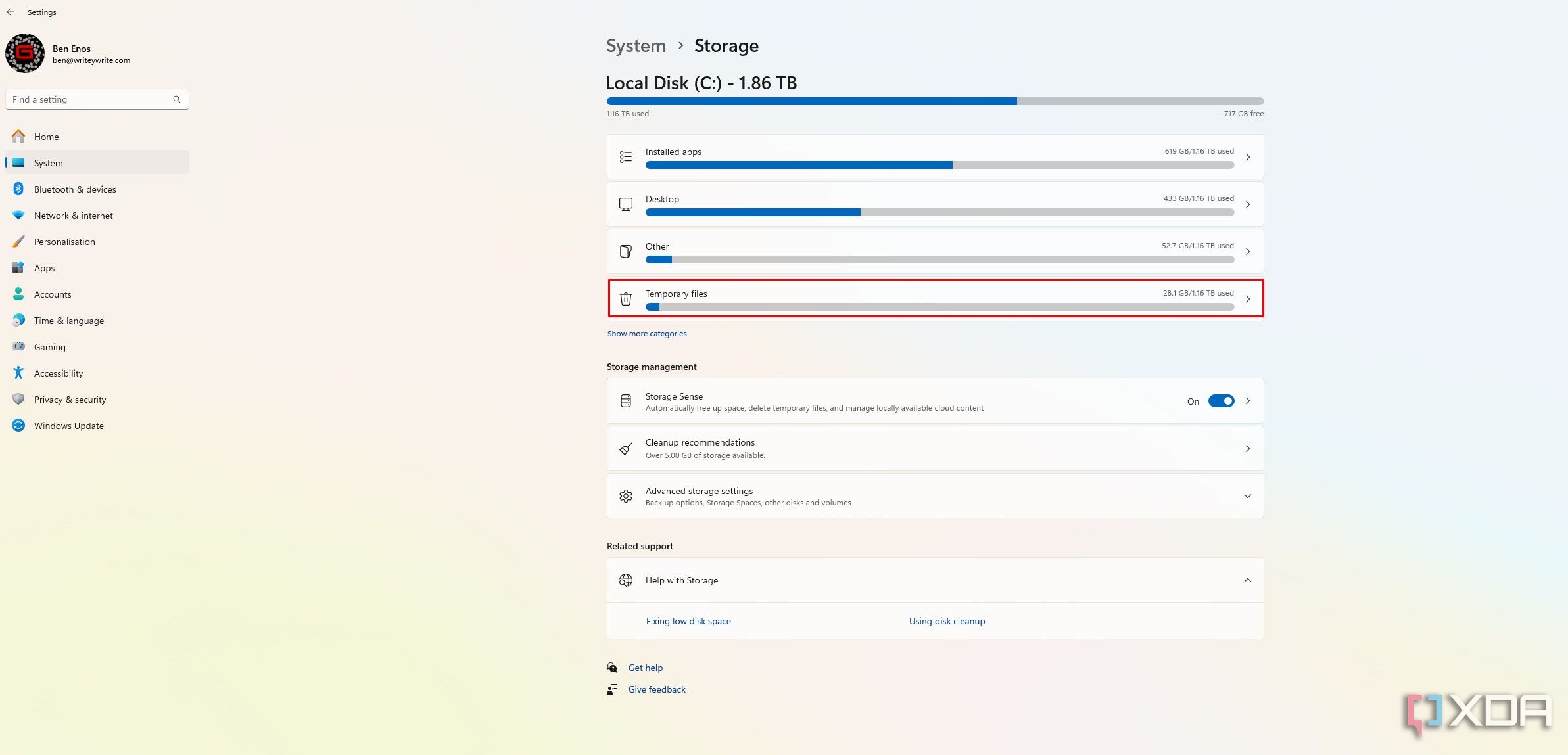 Opción de archivos temporales en la configuración de almacenamiento