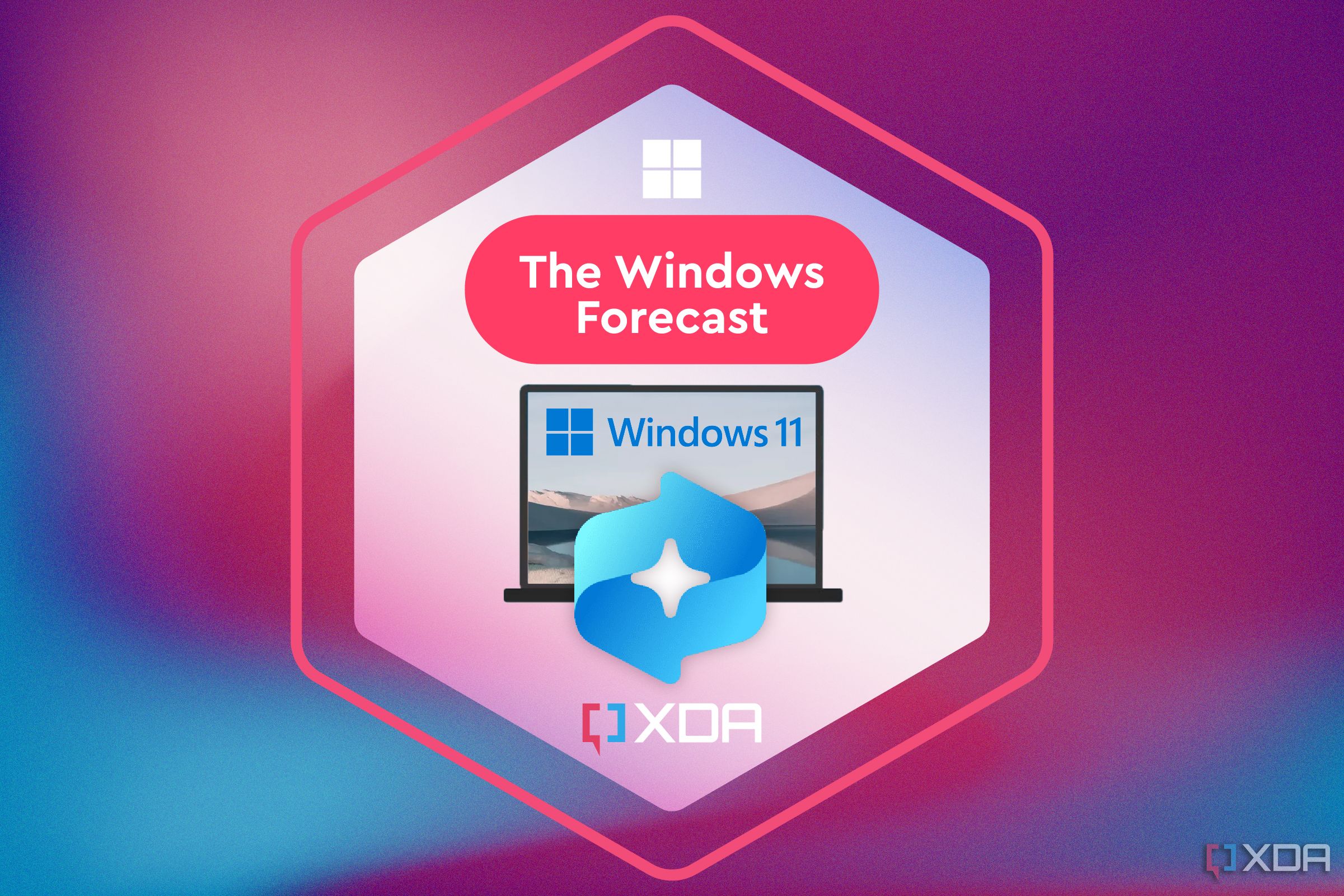 Texto que dice The Windows Forecast con una ilustración que muestra una computadora portátil y un logotipo de Recall debajo