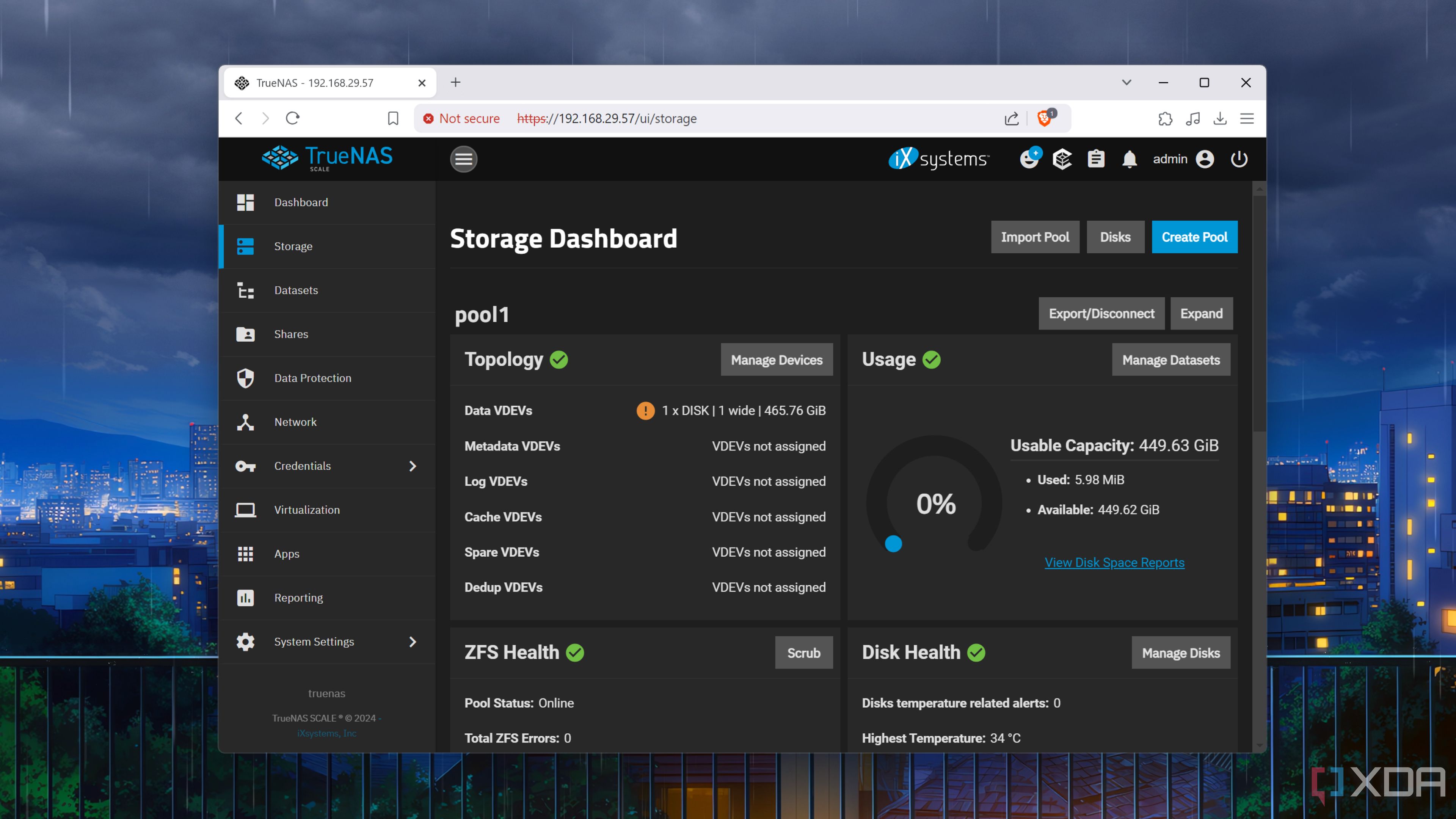 El panel de control de almacenamiento en TrueNAS Scale