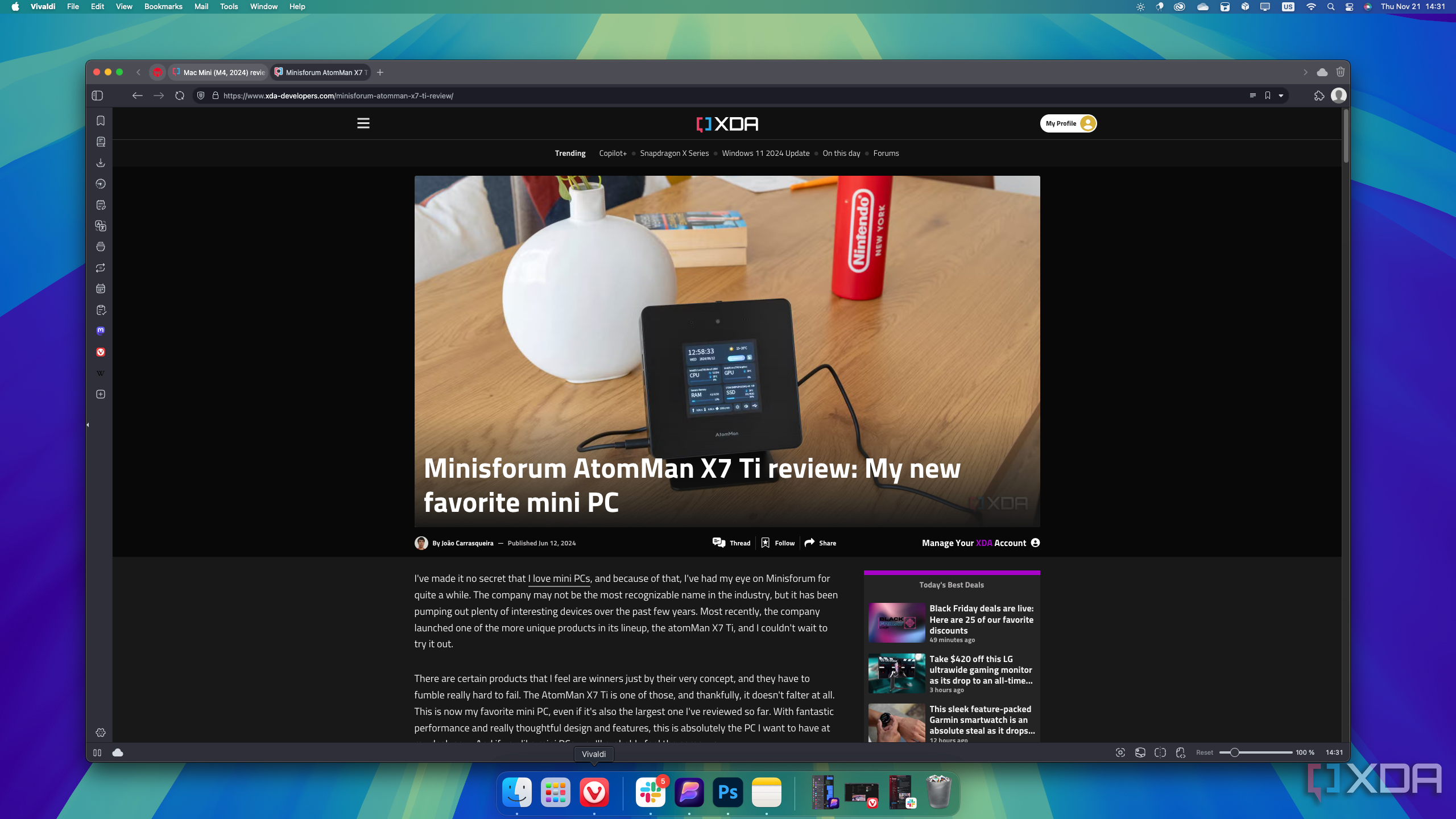 Captura de pantalla de Vivaldi en macOS que muestra un artículo de XDA
