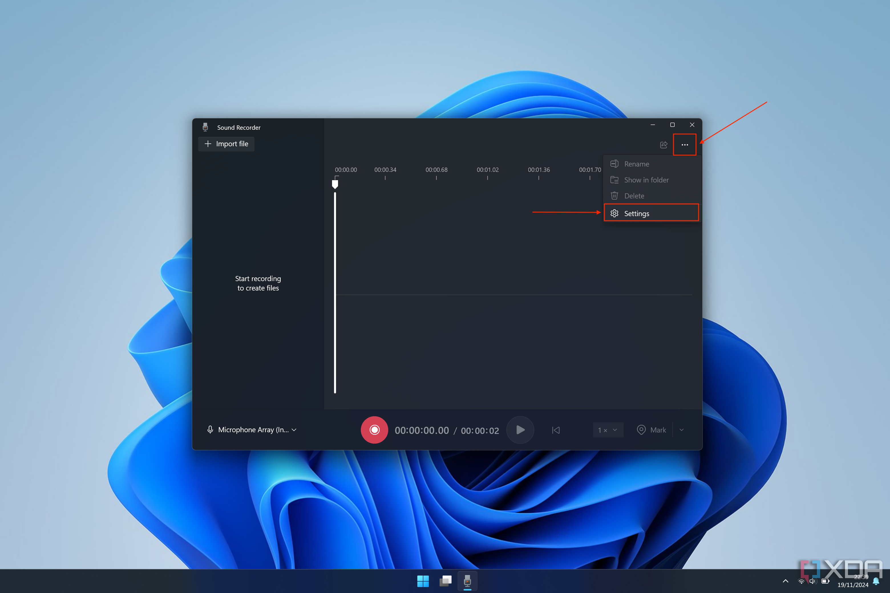 Captura de pantalla de Windows 11 Screen Recorder que muestra el menú con la opción Configuración resaltada