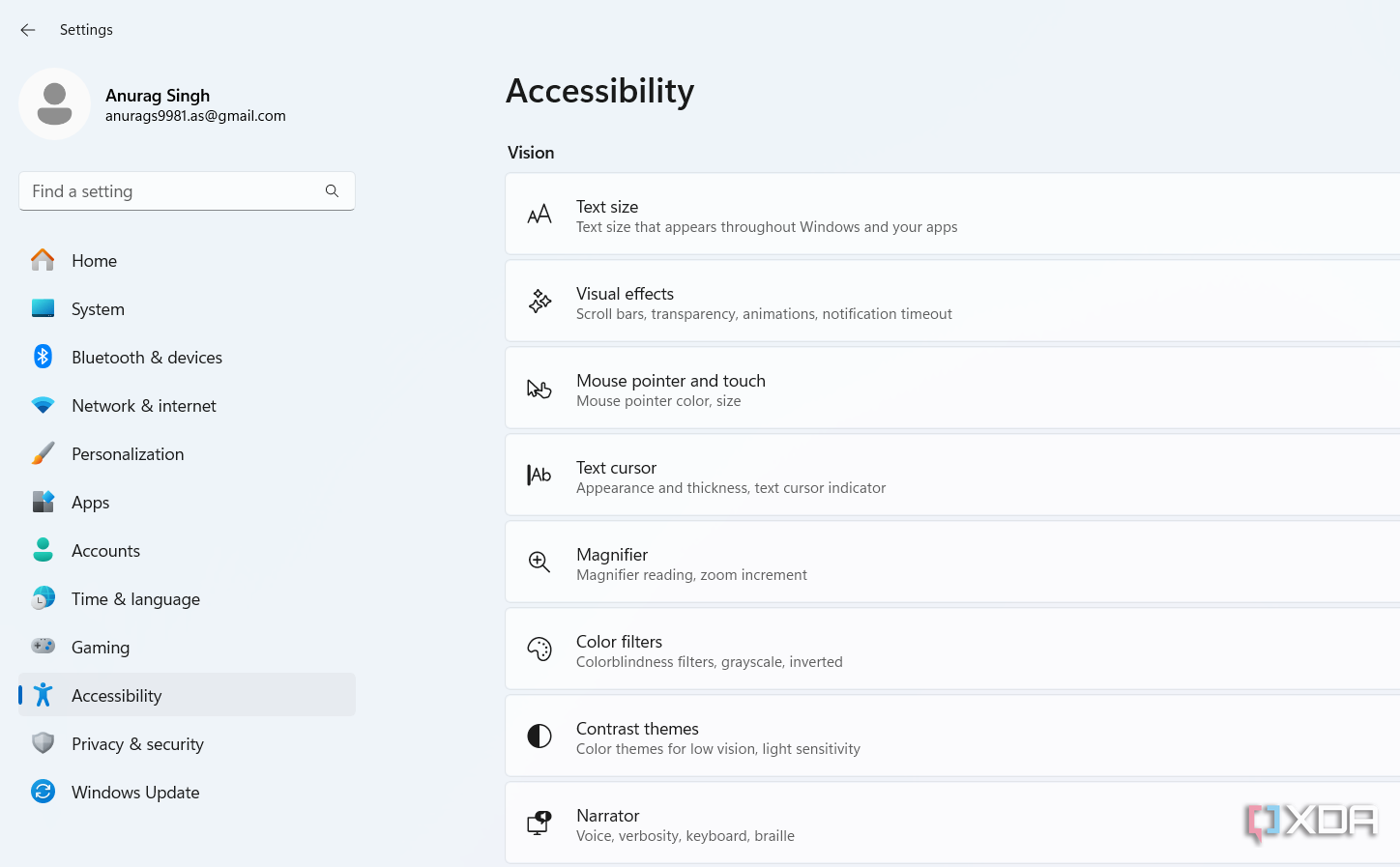 Captura de pantalla que muestra la configuración de accesibilidad de Windows